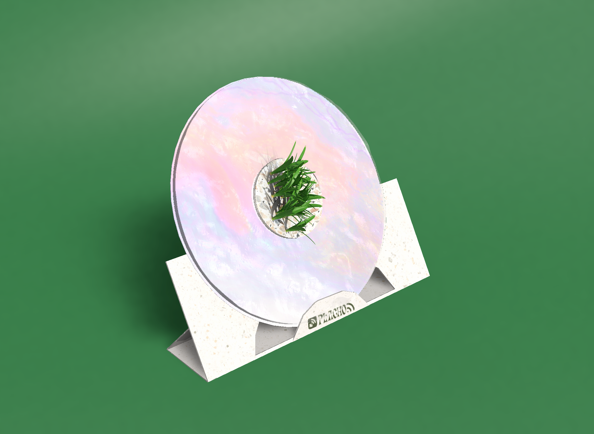 A small disc that functions as sustainable packaging for plants against a green background