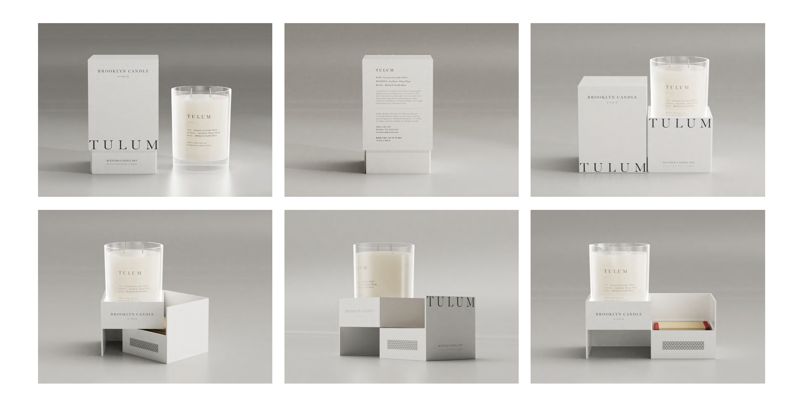Images of a cardboard package that doubles as a candle holder displayed in various formations.