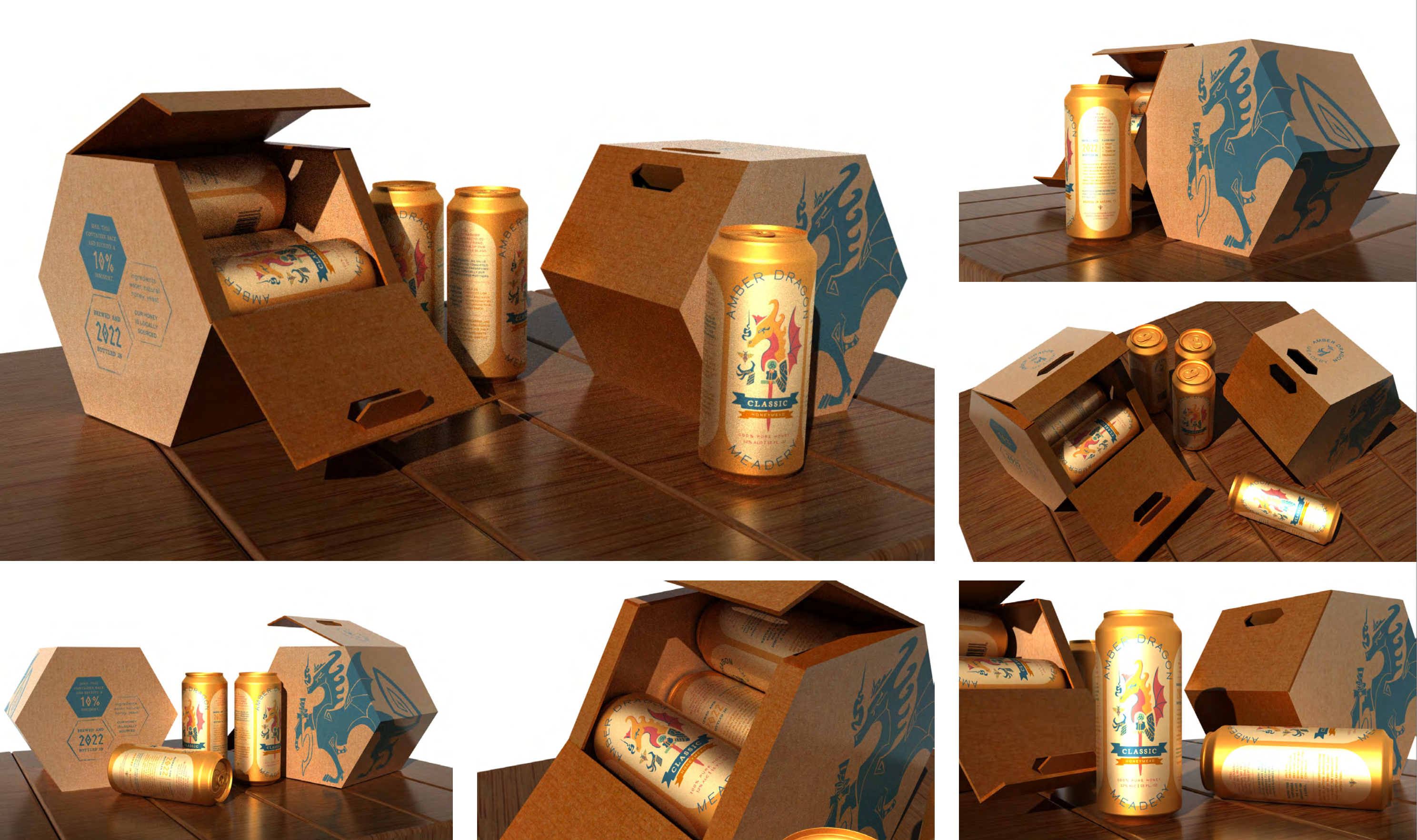 Images of a hexagonal cardboard box holding golden beer cans displayed from various angles.