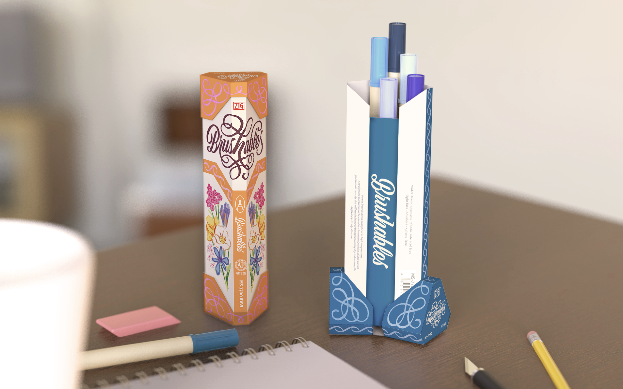 Stylish and reusable cardboard packaging for markers, shown closed and opened.