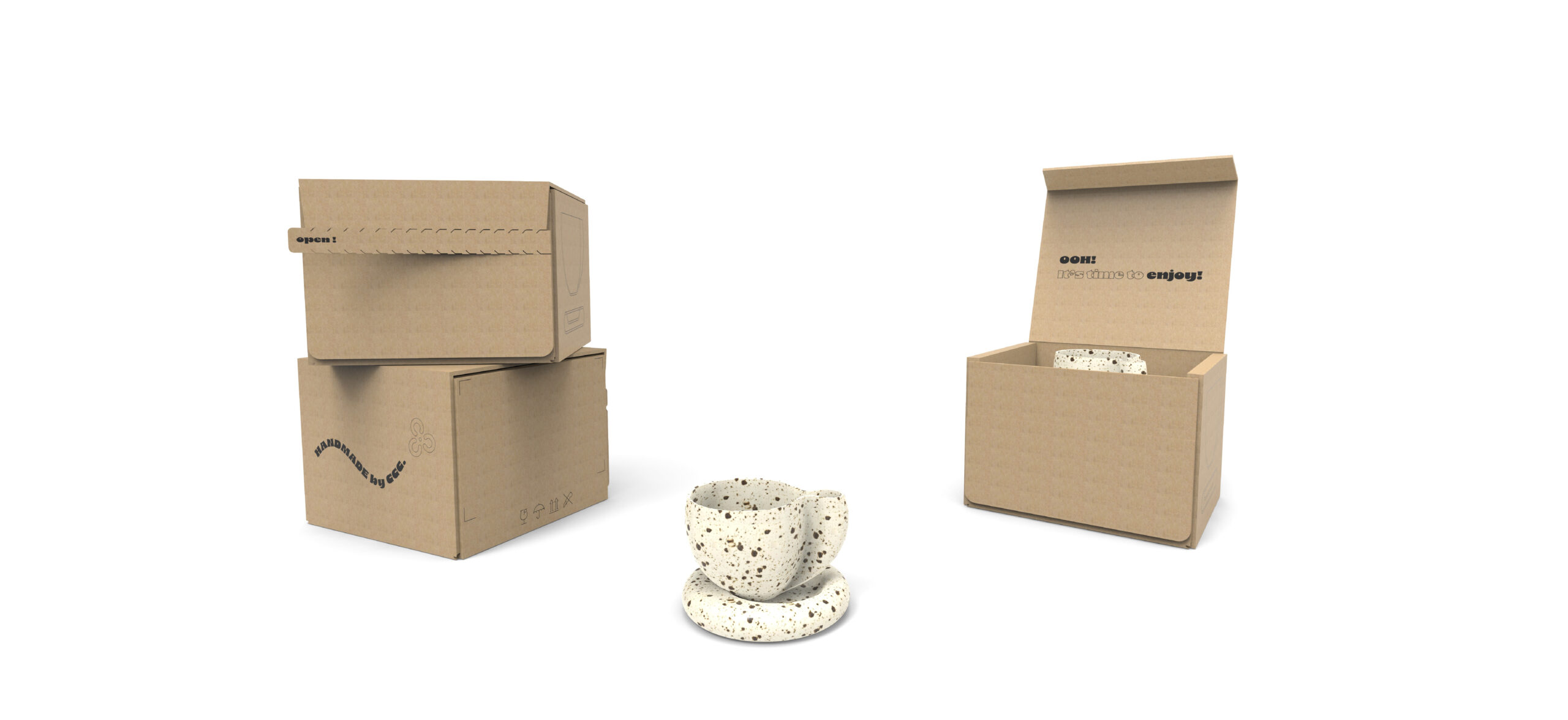Three, small corrugated cardboard boxes arranged around a small ceramic cup.