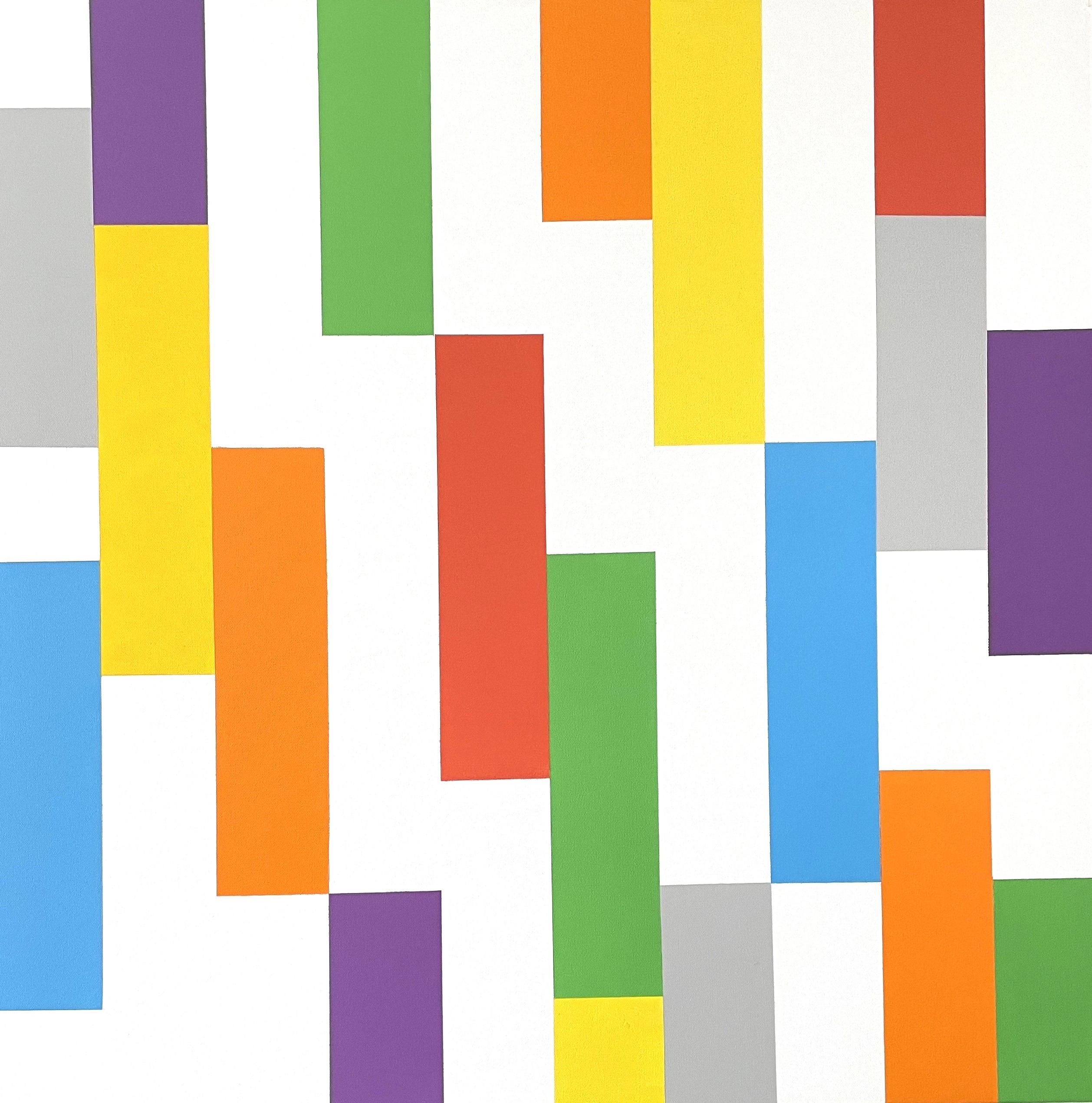 Artwork depicting a series of red, orange, yellow, gray, purple and green rectangles arranged in thin columns, leaving white gaps where they disconnect from each other.