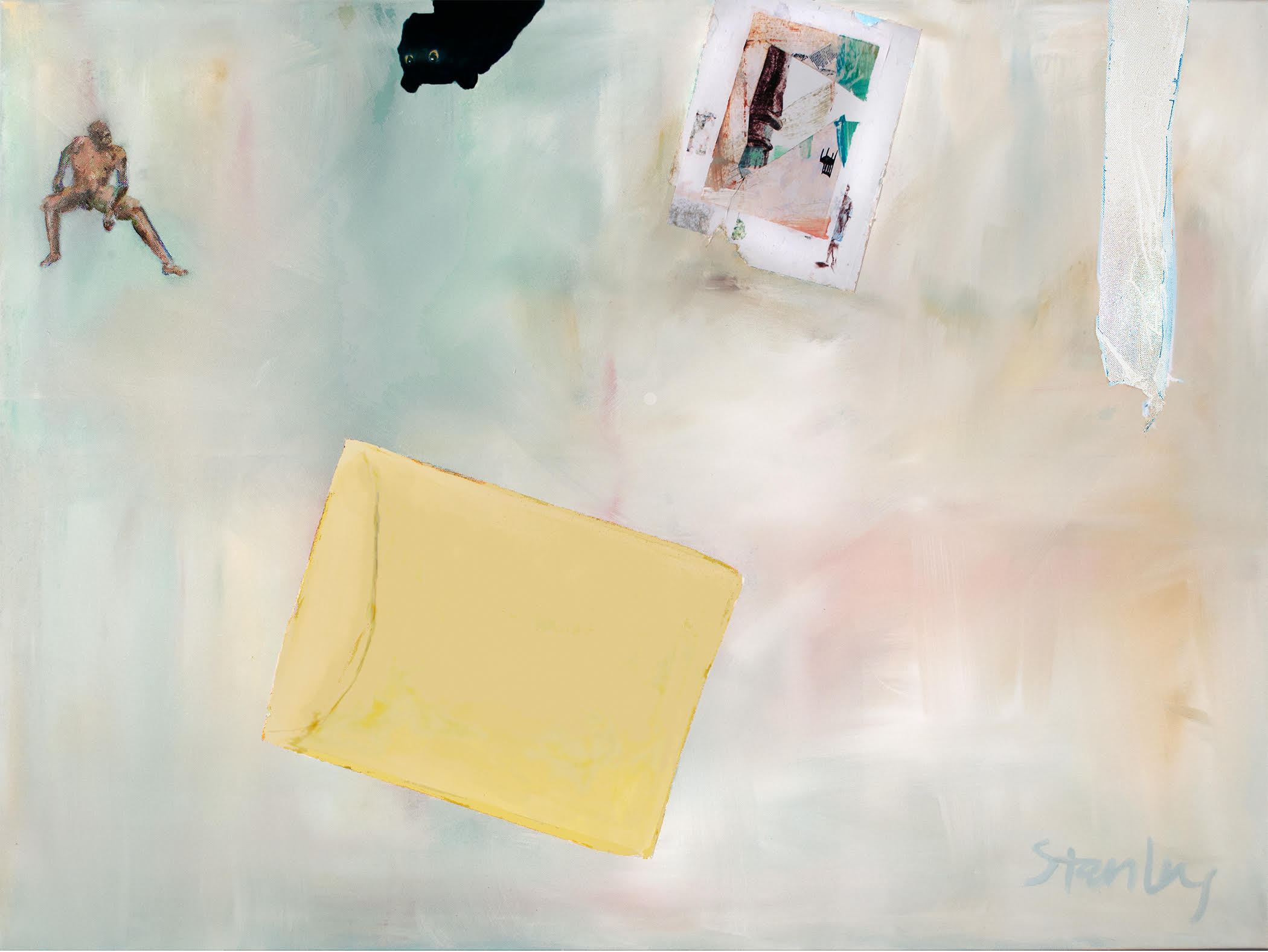 Neutral pink, white, and blue background painted with soft brushstrokes, overlaid with assorted figures that contrast the pastel canvas; the artist’s signature is in the bottom right corner.