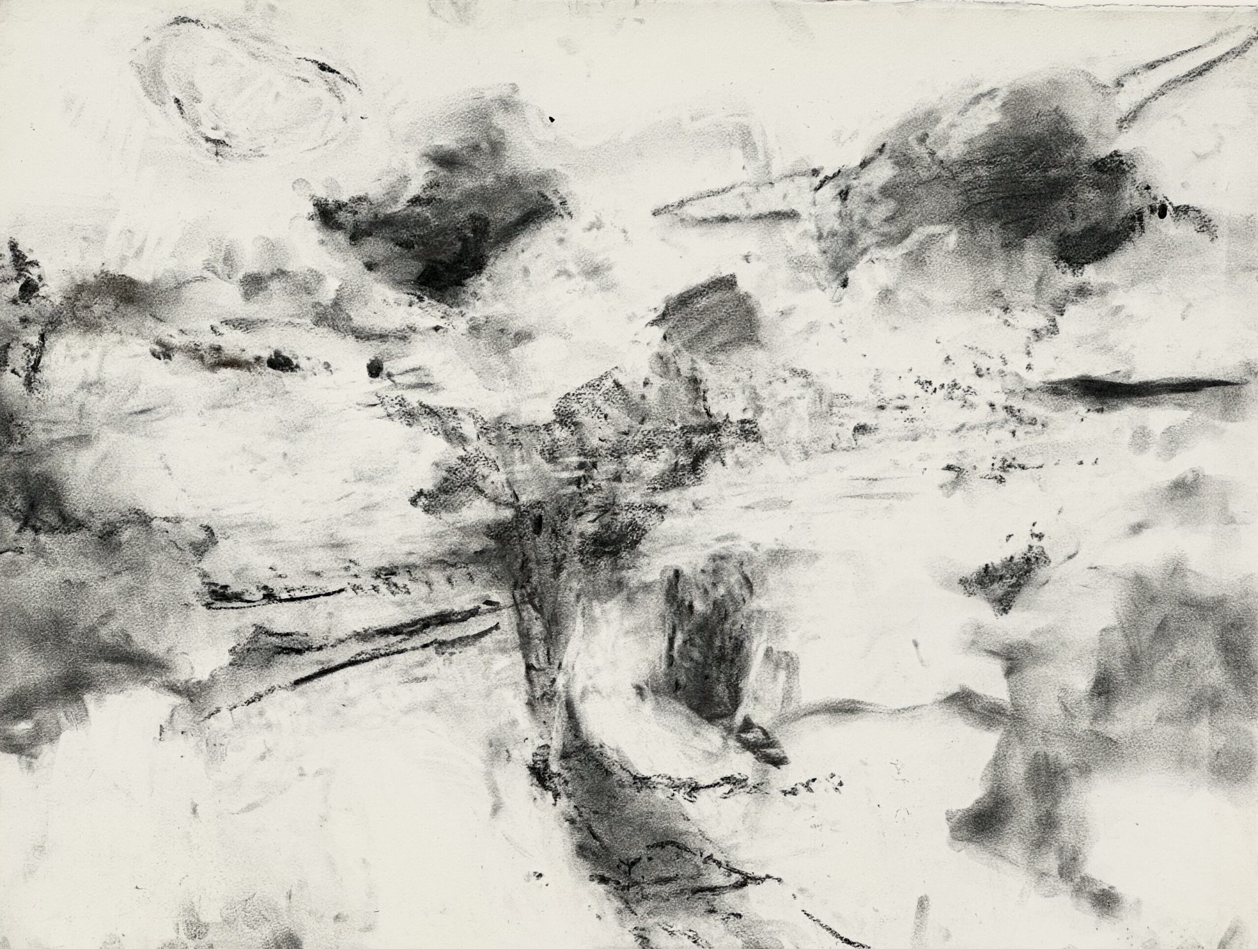 An off-white, grayish canvas depicting streaks of dark charcoal, certain areas darker than others and some with defined black lines.