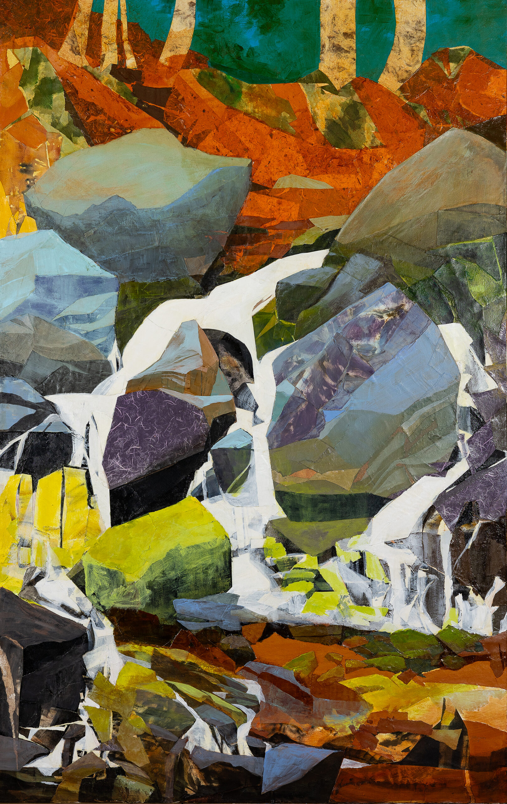 Artwork of a small cascading waterfall in a forest, with varying shades of greens, blues, and browns.