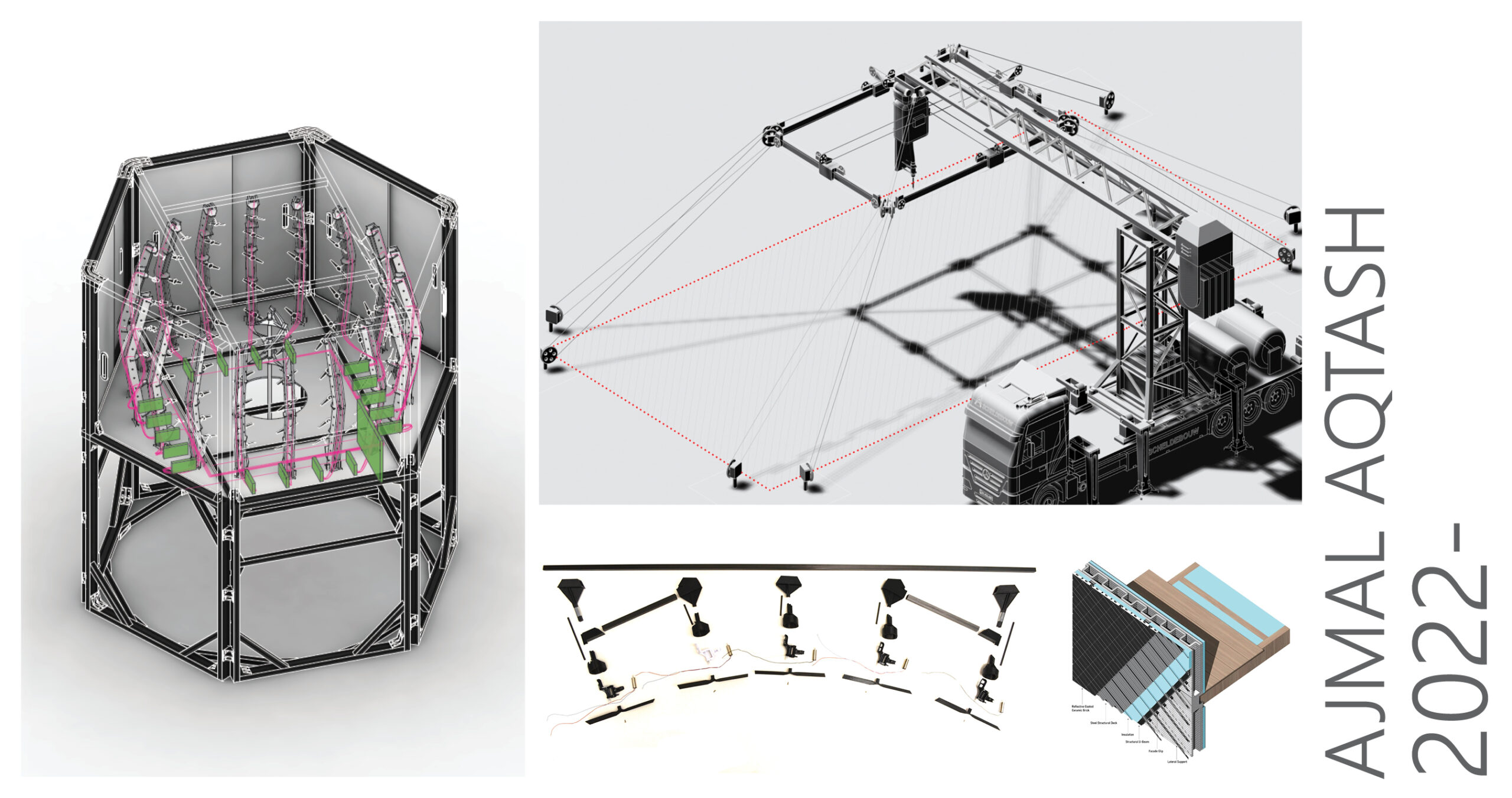 A digital collage of technical renderings and diagrams showcasing the research work of Ajmal Aqtash from 2022 onward. The left side features a hexagonal structure with internal mechanical components highlighted in pink and green. The top-right section displays a black-and-white schematic of a crane system with cables extending to marked ground points. The bottom section includes detailed component diagrams and a cross-section of a structural system. The artist's name, 