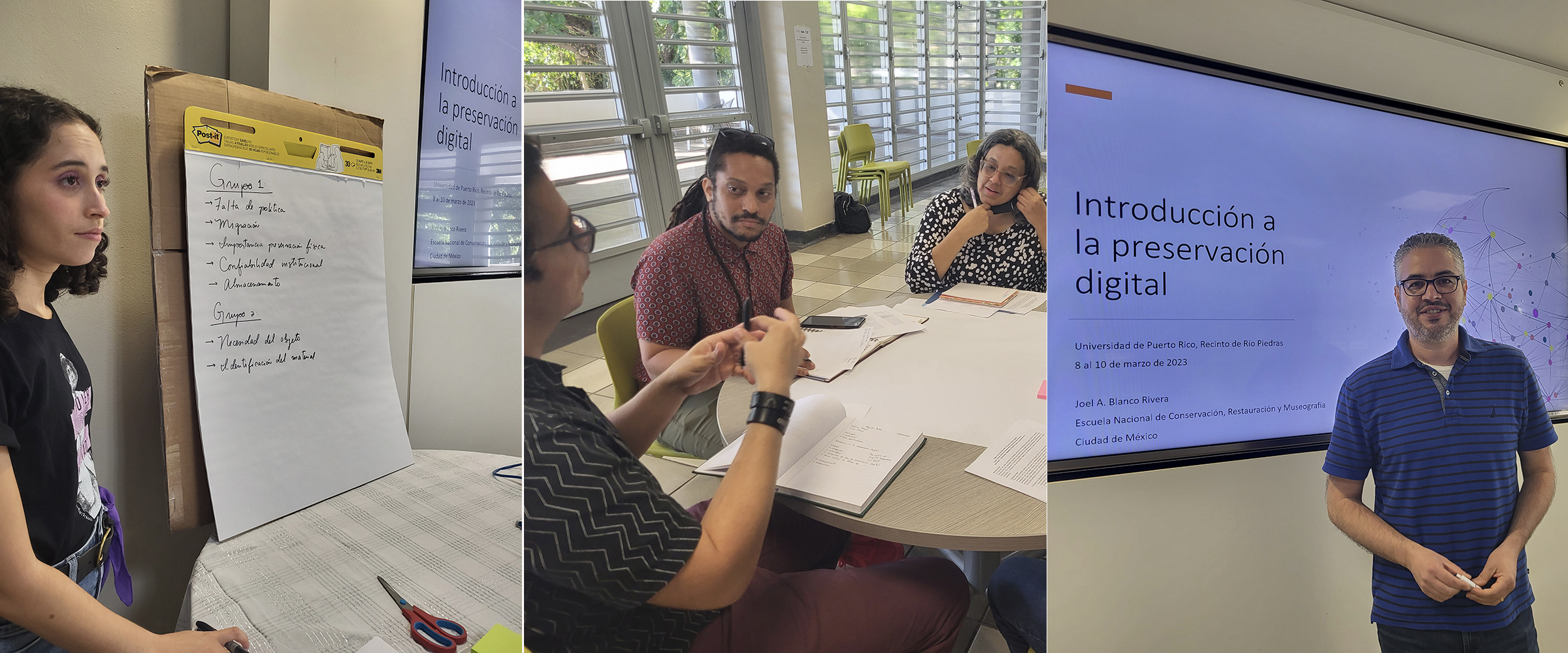 There are three images, side by side. A young woman with curly hair stands next to a large notepad on an easel, which has handwritten notes in Spanish about digital preservation challenges. She appears focused, holding a marker. A group of three people sit at a round table engaged in discussion, with notebooks, pens, and documents in front of them. One person gestures while speaking, while the others listen attentively. The room is bright, with natural light coming in through large windows. A man in a blue striped polo shirt stands in front of a large screen displaying a presentation slide titled 