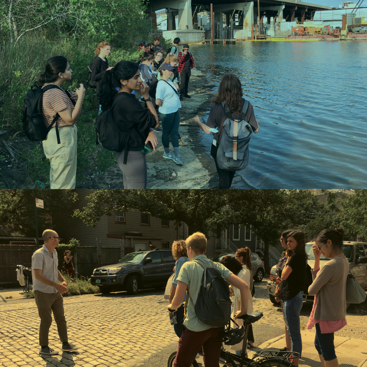 A composite image of two outdoor scenes featuring a group of people engaged in discussions. The top half shows a diverse group of individuals standing by the edge of a body of water, surrounded by greenery, with an industrial bridge and construction site in the background. They are wearing backpacks and casual clothing, appearing to be on a guided tour or educational outing. The bottom half of the image depicts another discussion taking place on a cobblestone street in a residential neighborhood with parked cars and houses in the background. A man in a short-sleeved shirt and sunglasses is addressing a group of young people, some of whom are carrying backpacks and bicycles. The atmosphere suggests a community walk or an urban exploration session.