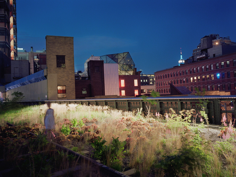 A photograph of an urban highline with a blurry human figure walking through grass.