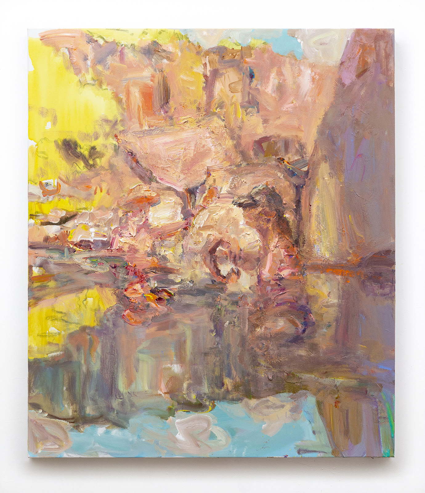 A warm-toned, abstracted painting of figures in a body of water. The water softly reflects them, the landscape, and the blue sky.
