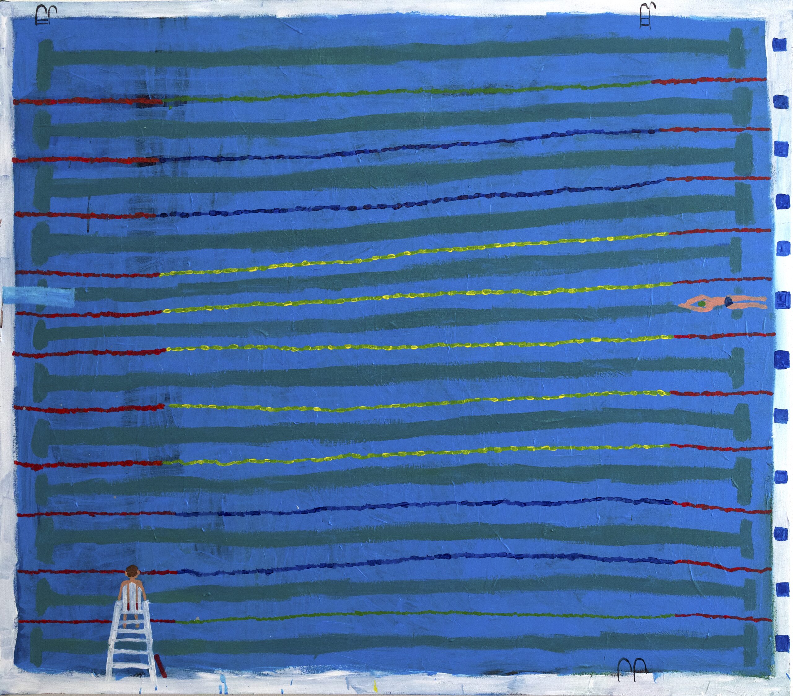 A painting depicting a birds-eye view of a clear blue swimming pool divided into many lanes. In the bottom left corner, a lifeguard sits atop a chair, and in the middle of the canvas to the right, a swimmer dives under the water.