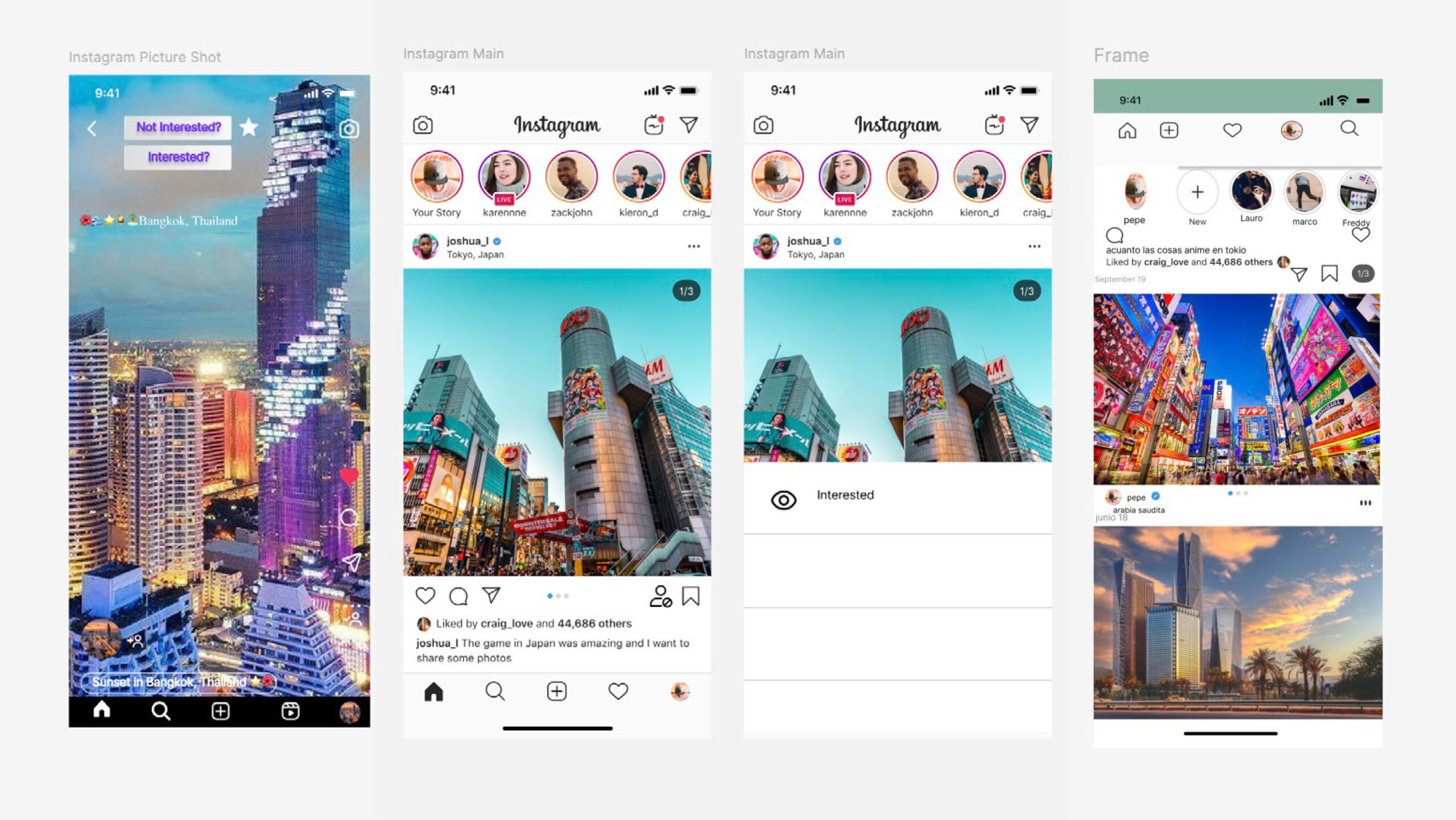 Four mobile user interface mockups resembling Instagram-style screens, designed by students in a UX class. Each screen features vibrant city imagery—Bangkok, Tokyo, and other urban landscapes—paired with user interface elements such as posts, reactions, and story bubbles. The designs explore interaction elements like interest buttons and layout variations, illustrating student experimentation in visual design and user experience.