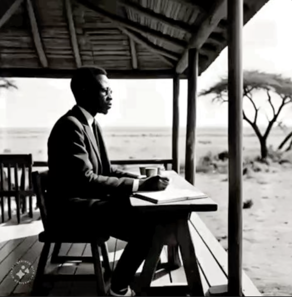 A black-and-white image showing a man in a suit and glasses seated on a wooden porch, writing in a notebook. He is positioned in profile, facing the horizon, with a calm and contemplative expression. The structure has a thatched roof and overlooks a vast, open savannah landscape with a few acacia trees, evoking a tranquil and focused atmosphere ideal for creative or academic work.