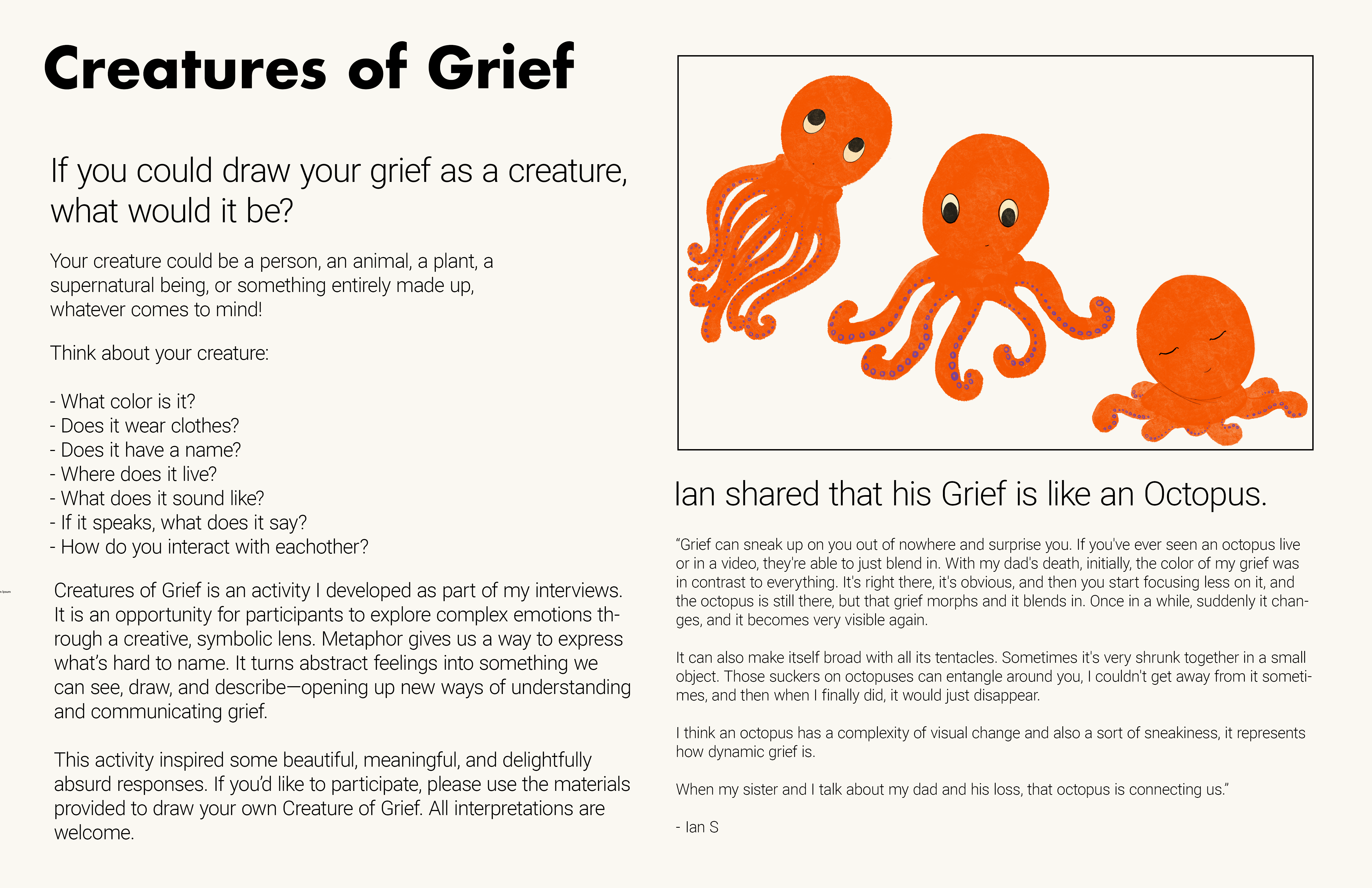 A reflective worksheet titled “Creatures of Grief,” asking participants to imagine and describe grief as a creature. Prompts explore appearance, behavior, and interaction. On the right, a drawing of four orange octopuses accompanies a personal reflection by “Ian S,” who likens his grief to an octopus—sneaky, ever-changing, sometimes hidden. The text emphasizes the metaphorical and therapeutic use of imaginative characterization to process complex emotions.