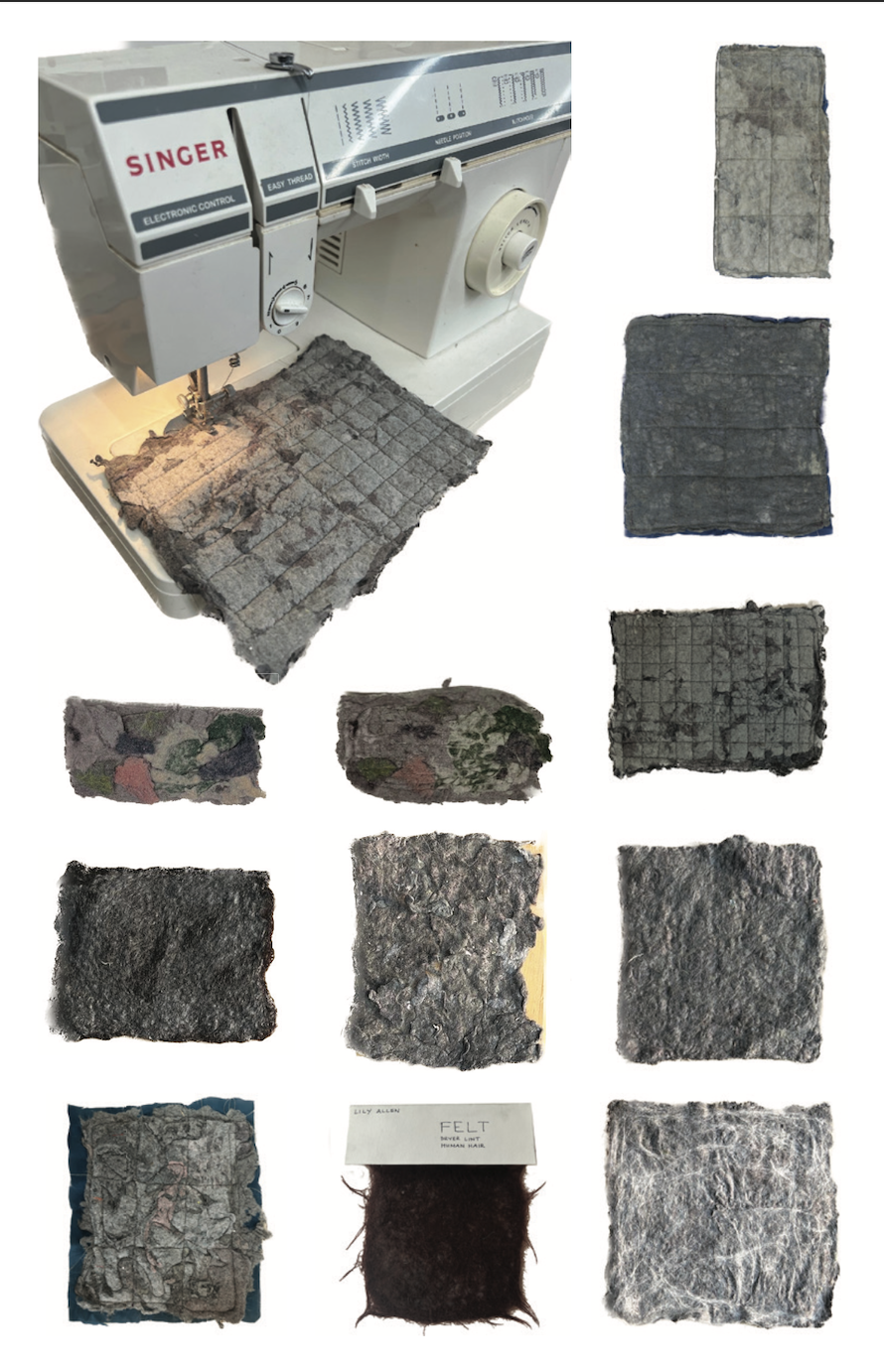 A collage of various samples of felted textile materials made from dryer lint. The samples vary in size, shape, and texture, displayed around a sewing machine stitching a grid into one of the lint sheets. Some swatches are labeled or partially stitched.