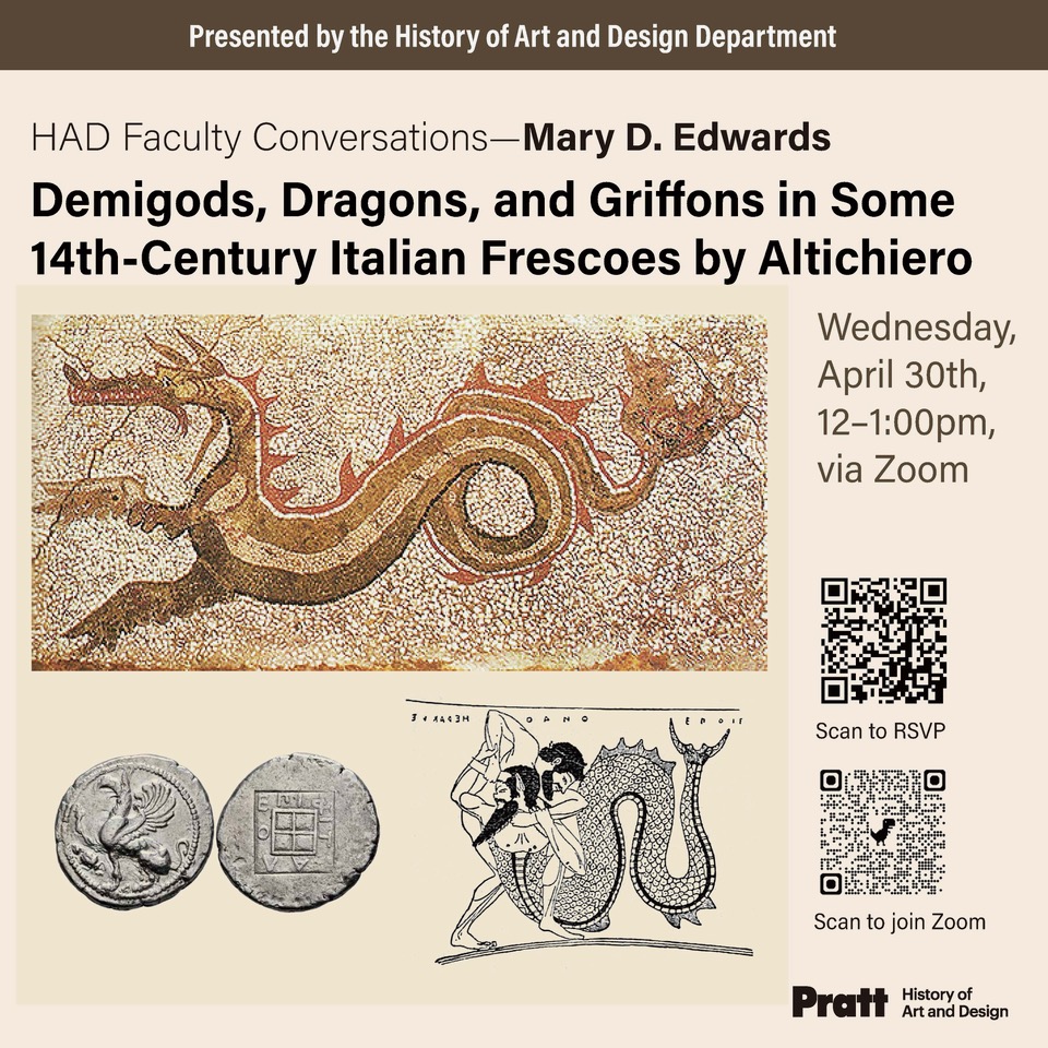 Event poster with a mosaic, and sketches of a dragon.