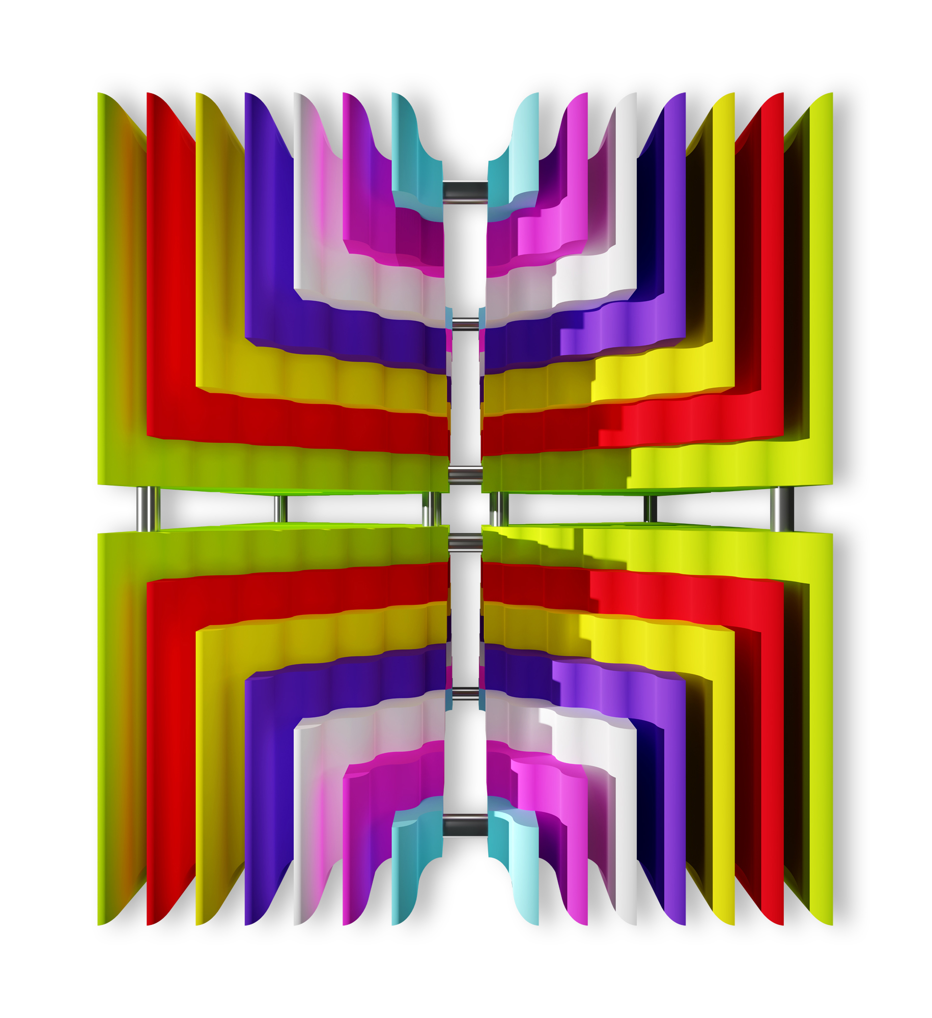 Abstract digital sculpture that consists of seven layers of colored, rippled panels, each layer mimicking the shape of an opened book. The work is mirrored top-to-bottom and left-to-right with the panels nested within each other, decreasing in size toward the sculpture’s center.