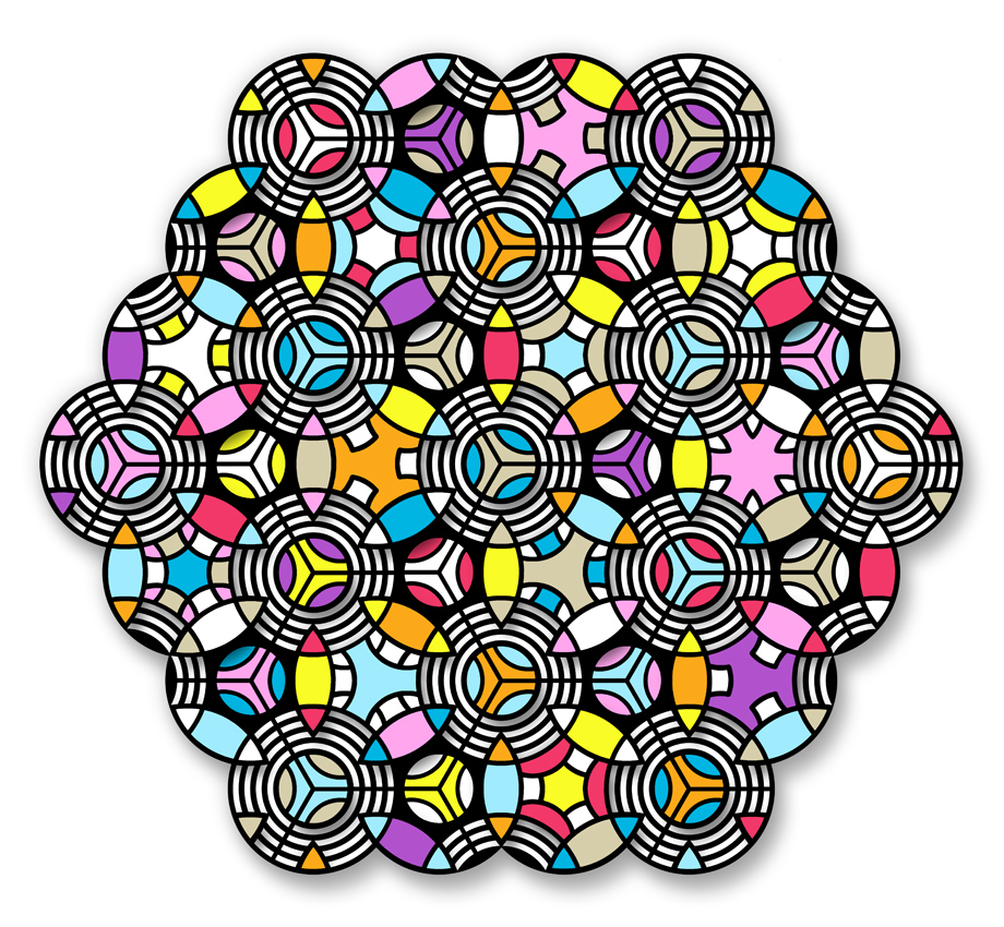 Abstract digital drawing in which outlined circles with colorful interior geometric shapes overlap, making a constellation of patterns inside the whole of the work