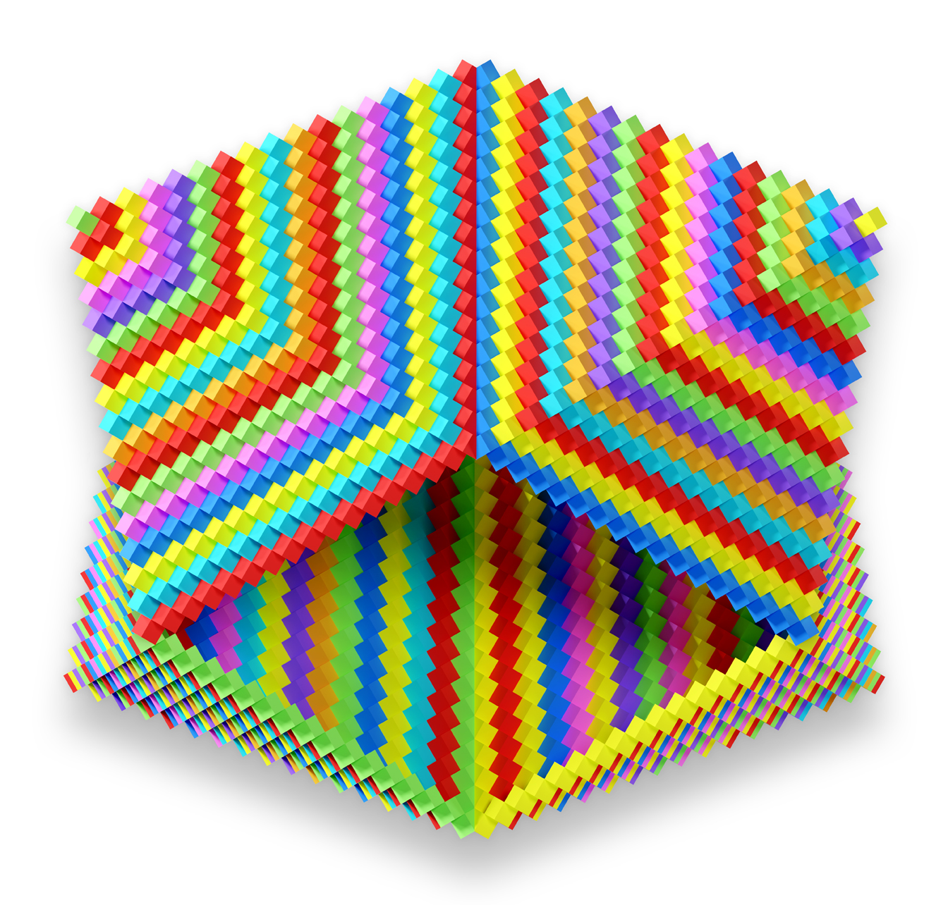 Abstract digital sculpture composed with several overlapping pyramids, the color and shading of each pyramid invoking an optical illusion and obscuring the definition of their shape