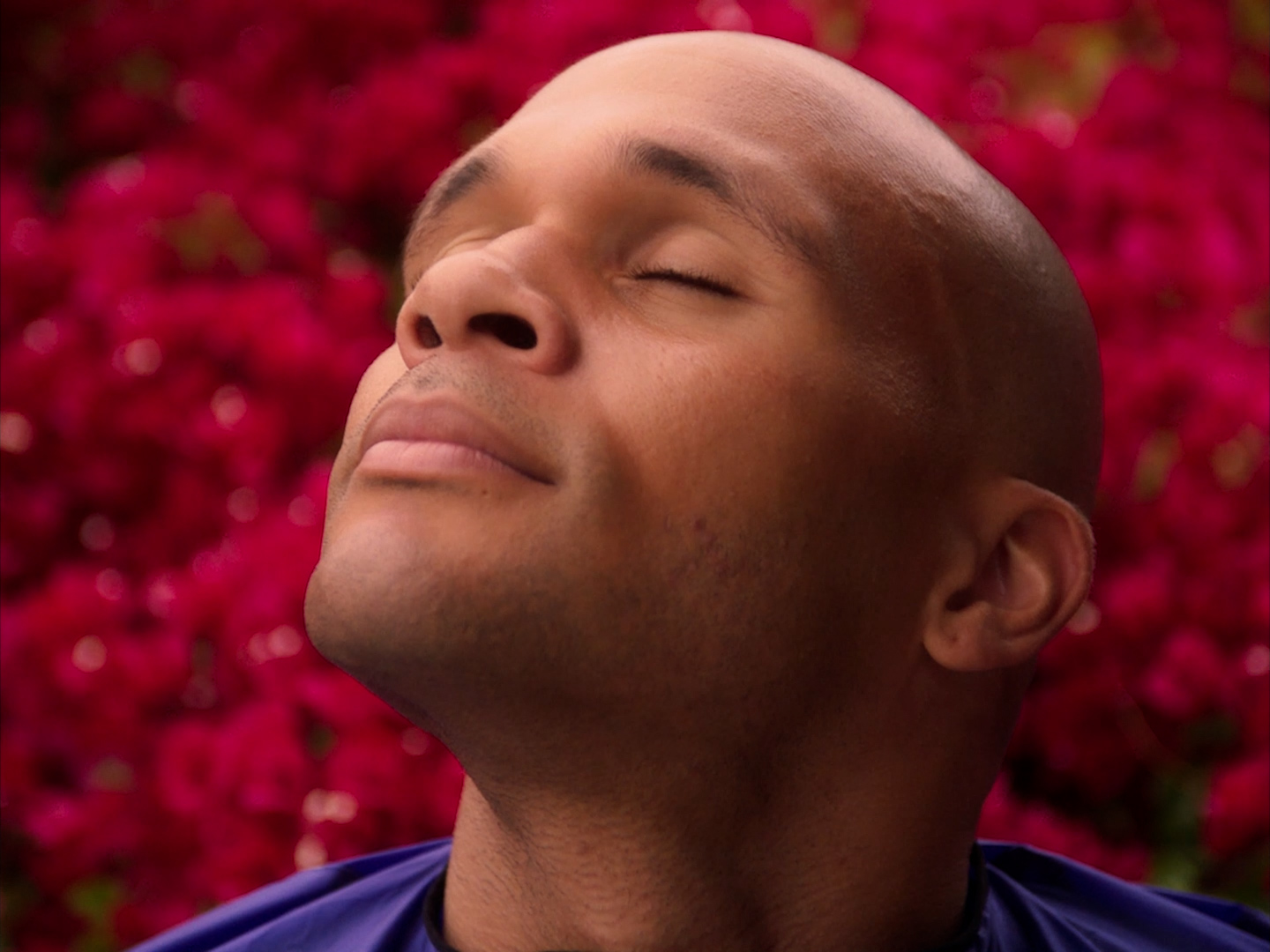 Close-up of a runner’s face with eyes closed peacefully, face turned upward against a backdrop of dark pink blooms