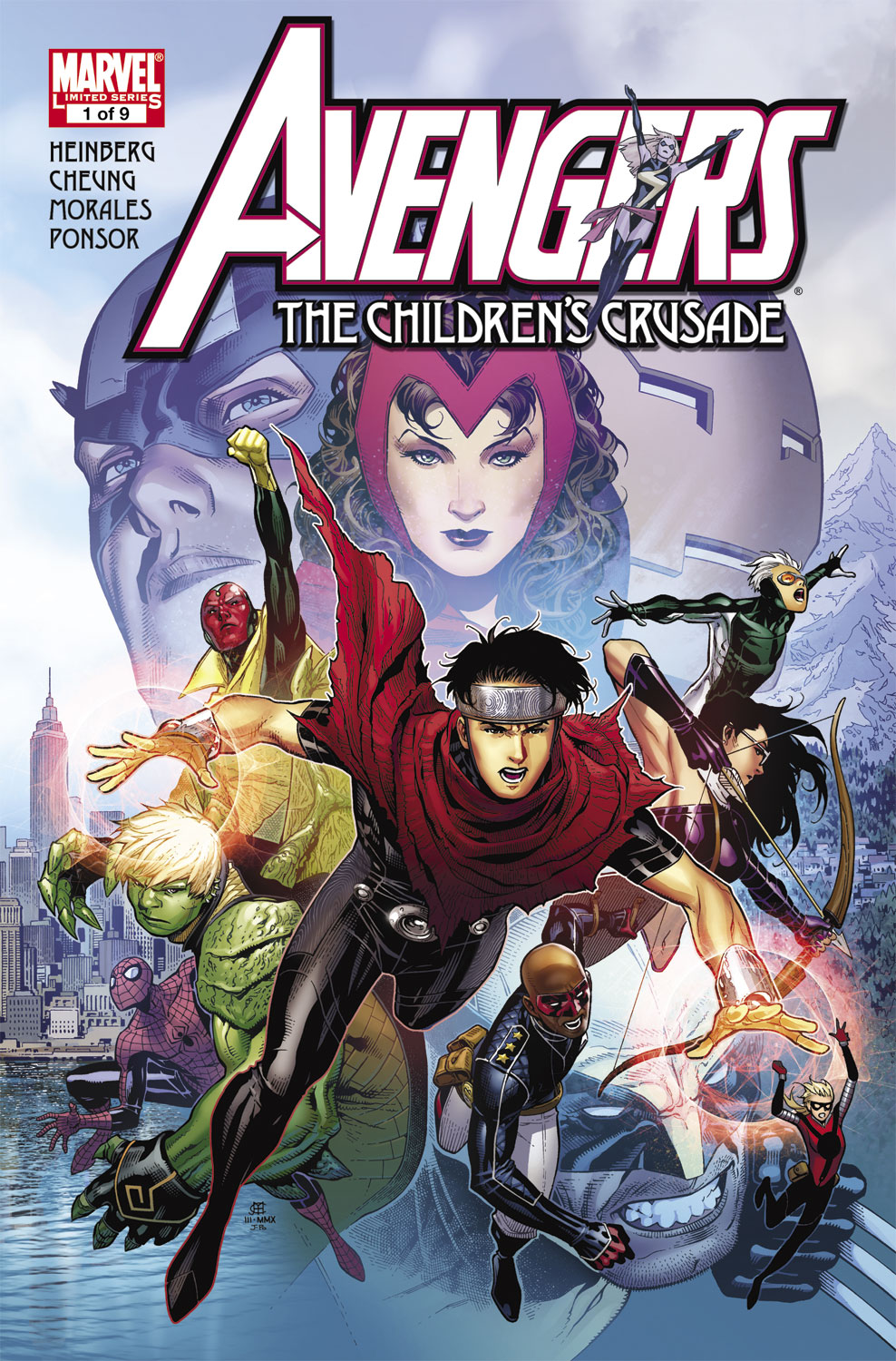 Cover of Marvel comic, Avengers: The Children’s Crusade, depicting a cast of superheroes against a background divided into a city skyline and and a snowy mountain