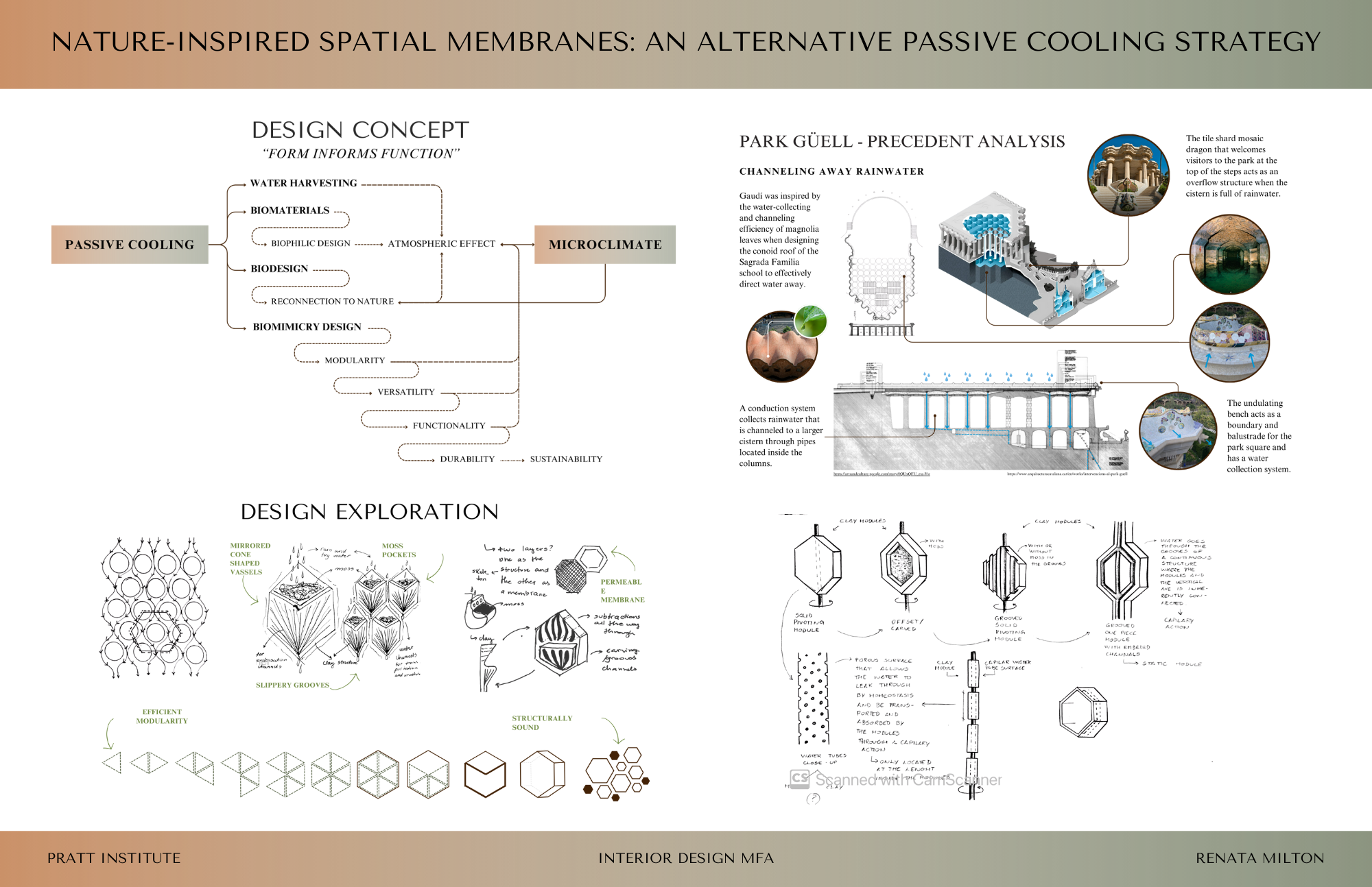 Design presentation board titled “Nature-Inspired Spatial Membranes: An Alternative Passive Cooling Strategy.” The top left section shows a diagram of the design concept linking passive cooling to microclimate via biomaterials and biomimicry. The top right section features precedent analysis of Park Güell by Gaudí, with diagrams and images explaining rainwater channeling. Bottom left includes sketches of design explorations with hexagonal moss modules and mirrored vessels. Bottom right shows annotated sketches of structural modules designed for water absorption, cooling, and air flow using clay and porous materials.