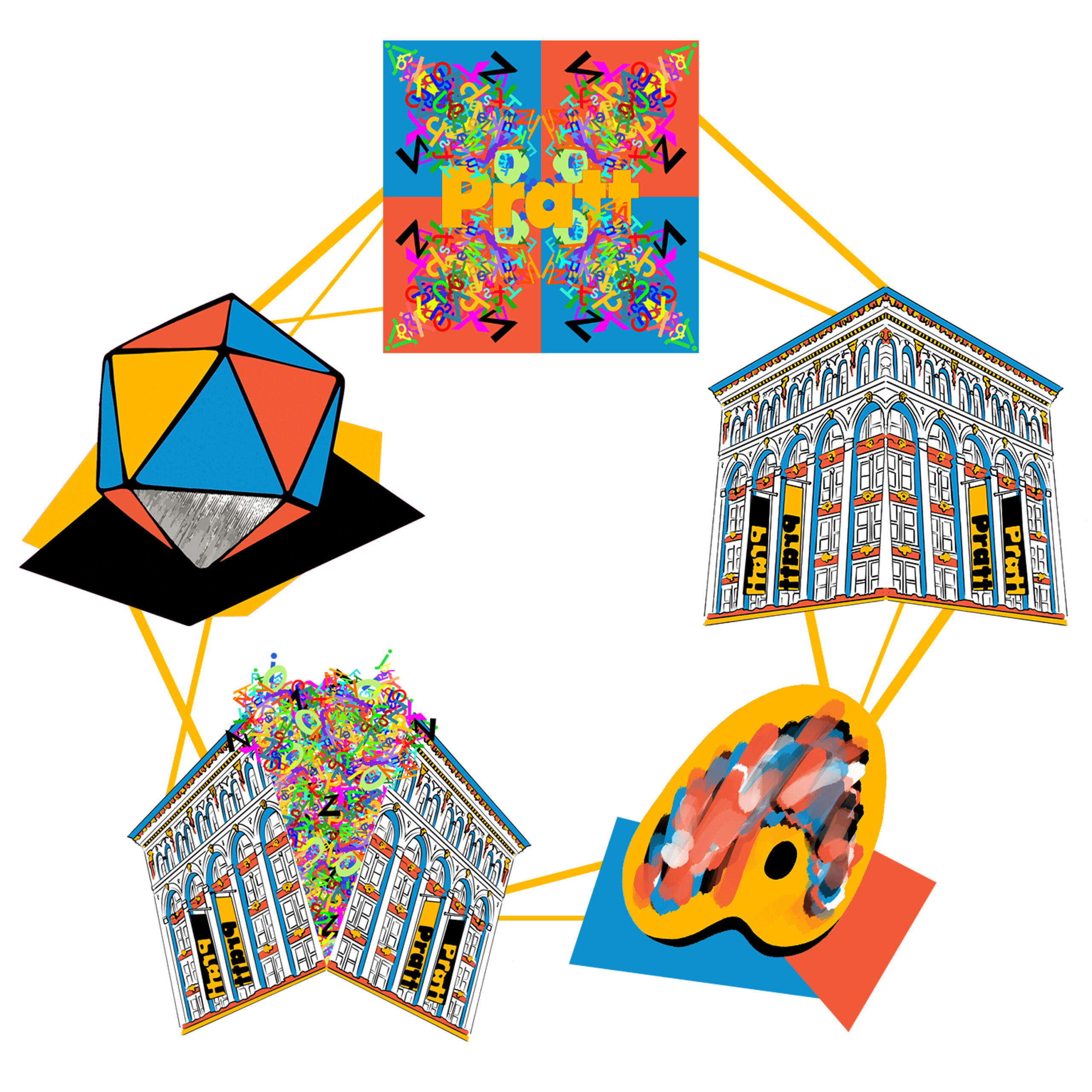 A colorful, abstract illustration featuring interconnected elements symbolizing creativity and design. At the center is the word “Pratt” overlaid on a kaleidoscopic background. Surrounding it are geometric shapes, two depictions of the same stylized building labeled “Pratt,” a painter’s palette, and a polyhedron. Bright yellow lines connect each element in a network-like structure, suggesting collaboration and artistic exploration.