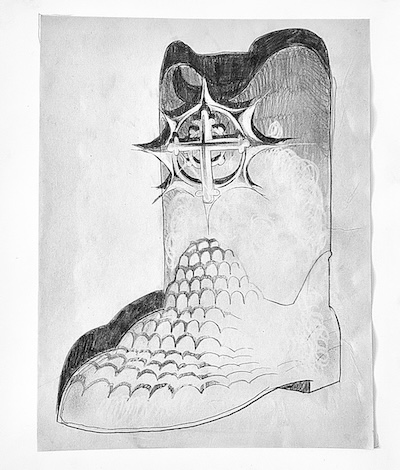 A black-and-white graphite drawing of a cowboy boot decorated with a stylized cross and intricate textures.