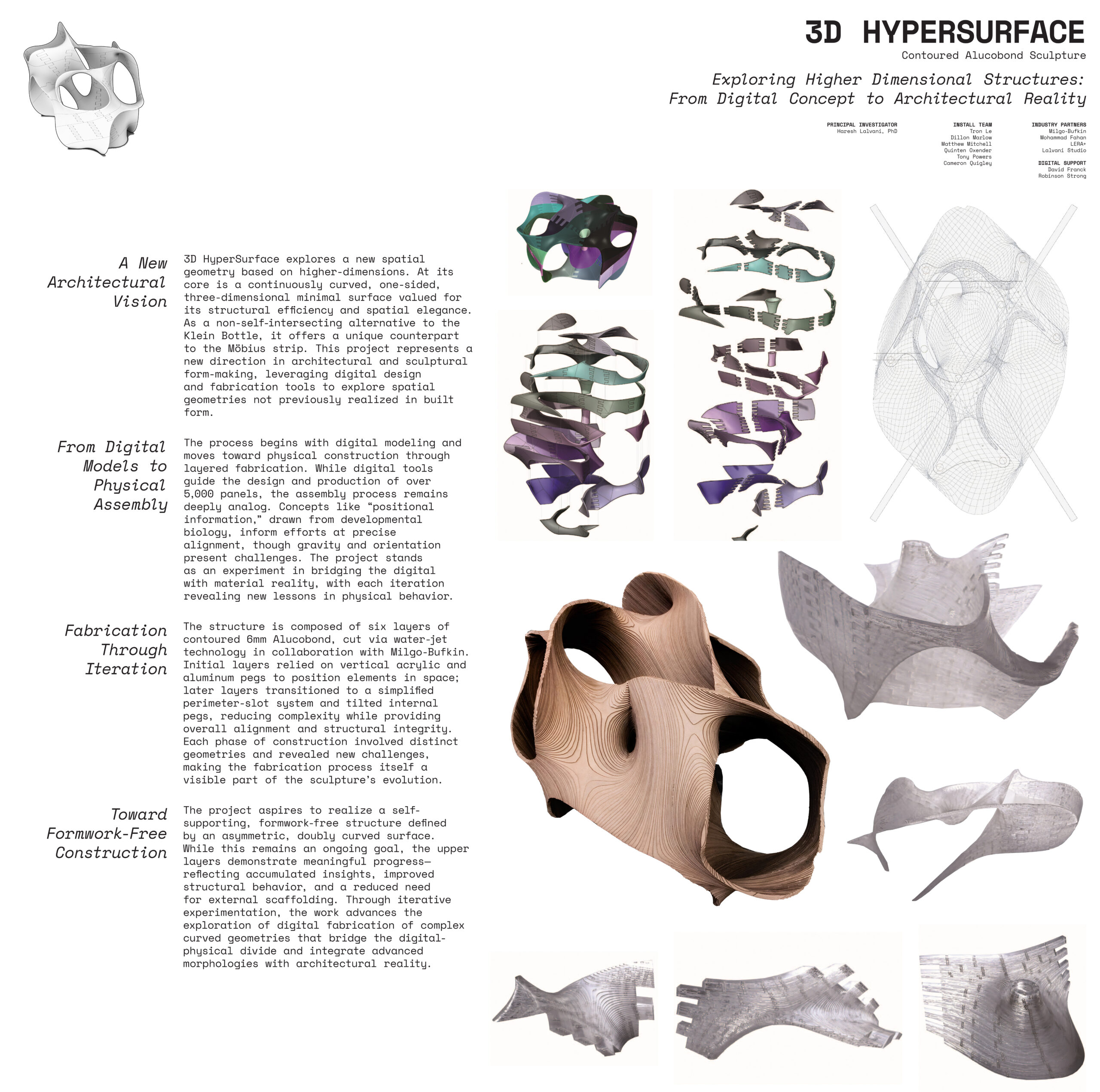 Poster titled “3D HyperSurface: Contoured Alucobond Sculpture” showcasing a digital-to-physical architectural project. The layout includes a descriptive text on the left and center, with visualizations on the right. The main text explains the development of a curved, one-sided 3D surface structure inspired by the Klein Bottle, integrating higher-dimensional geometry with architectural fabrication. Colorful 3D renderings display the evolution of form and slicing layers. Final forms include a large tan wooden model and silver metal variants. The visuals emphasize the digital modeling, layering process, and the goal of formwork-free construction.