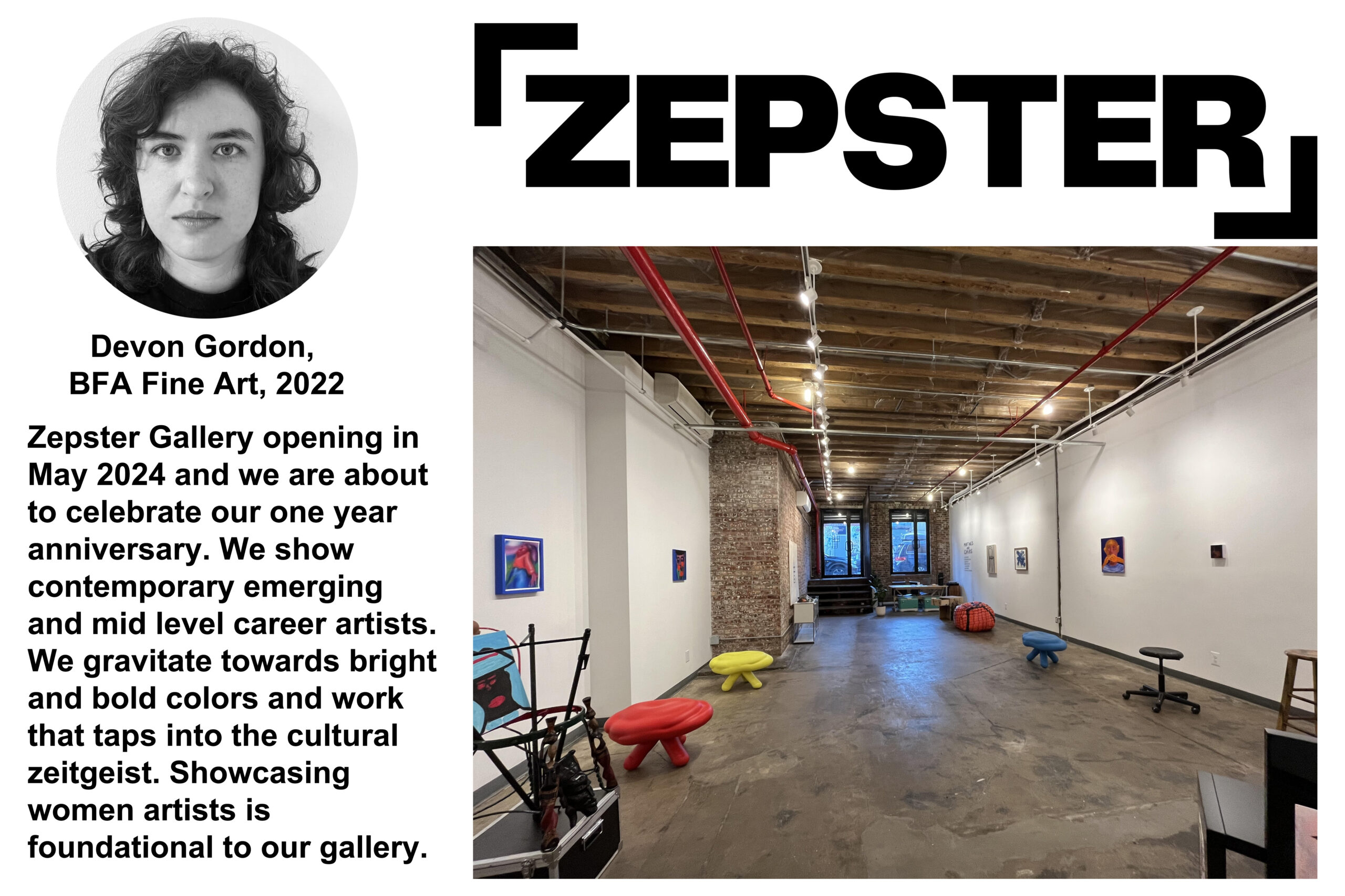 Feature on Zepster Gallery, with a headshot of founder Devon Gordon, the Zepster logo, and a wide-angle photo of the gallery interior showing artworks on white walls and colorful modern furniture. Text explains the gallery's focus on showcasing bold, contemporary work with a strong emphasis on women artists.