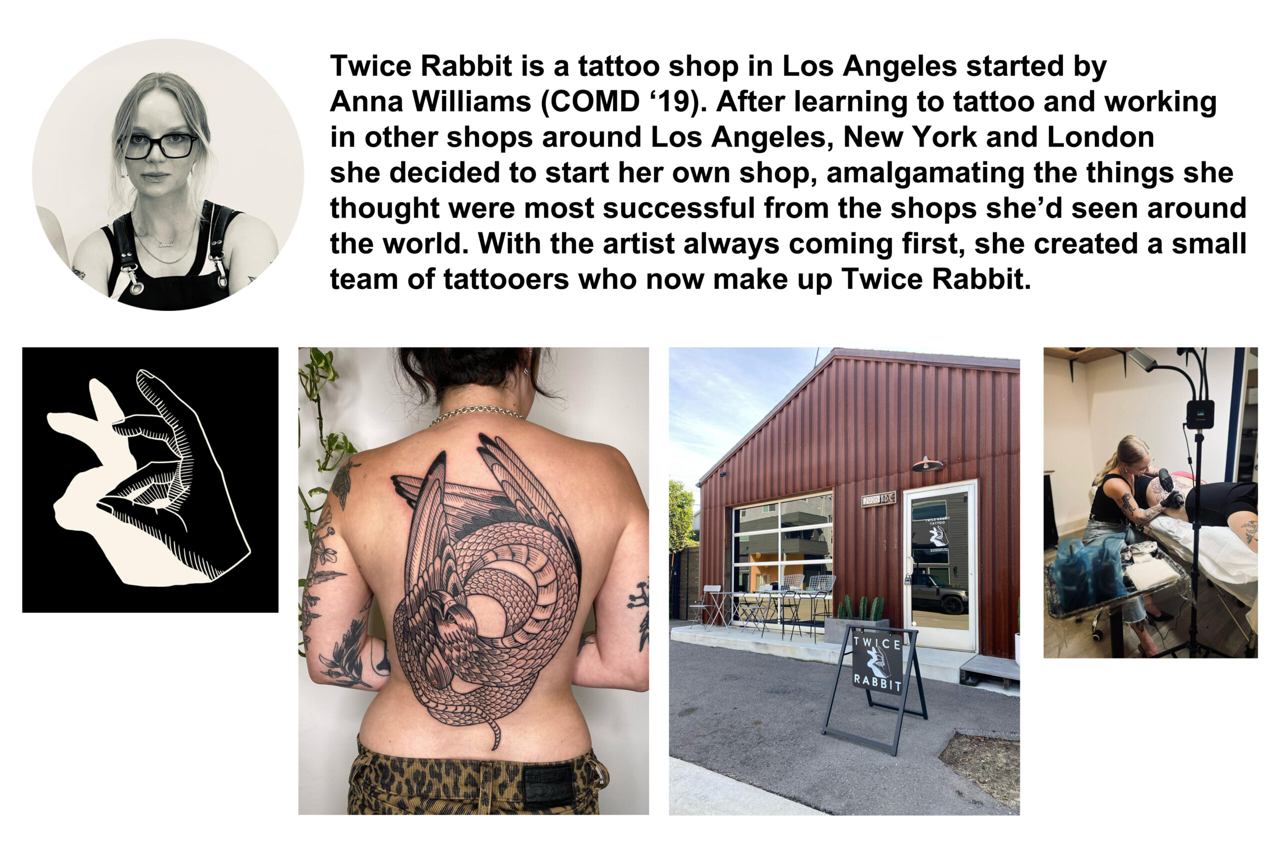 Overview of the Twice Rabbit tattoo shop founded by Anna Williams. Includes her headshot, shop description, and four images: a hand-drawn rabbit logo, a back tattoo of a stylized bird, the exterior of the shop with signage, and Anna tattooing a client. The collage highlights her artist-focused studio model in Los Angeles.
