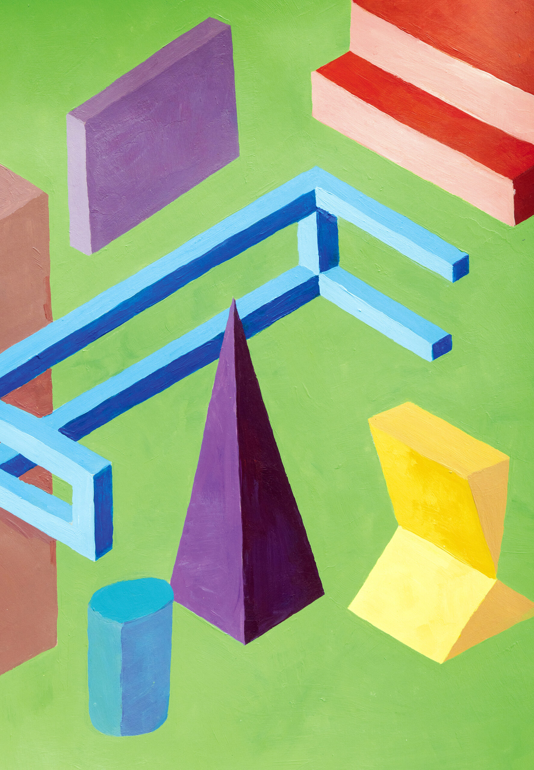 A painting with 3D geometric forms and objects resembling a table and stairs arranged in unexpected angles