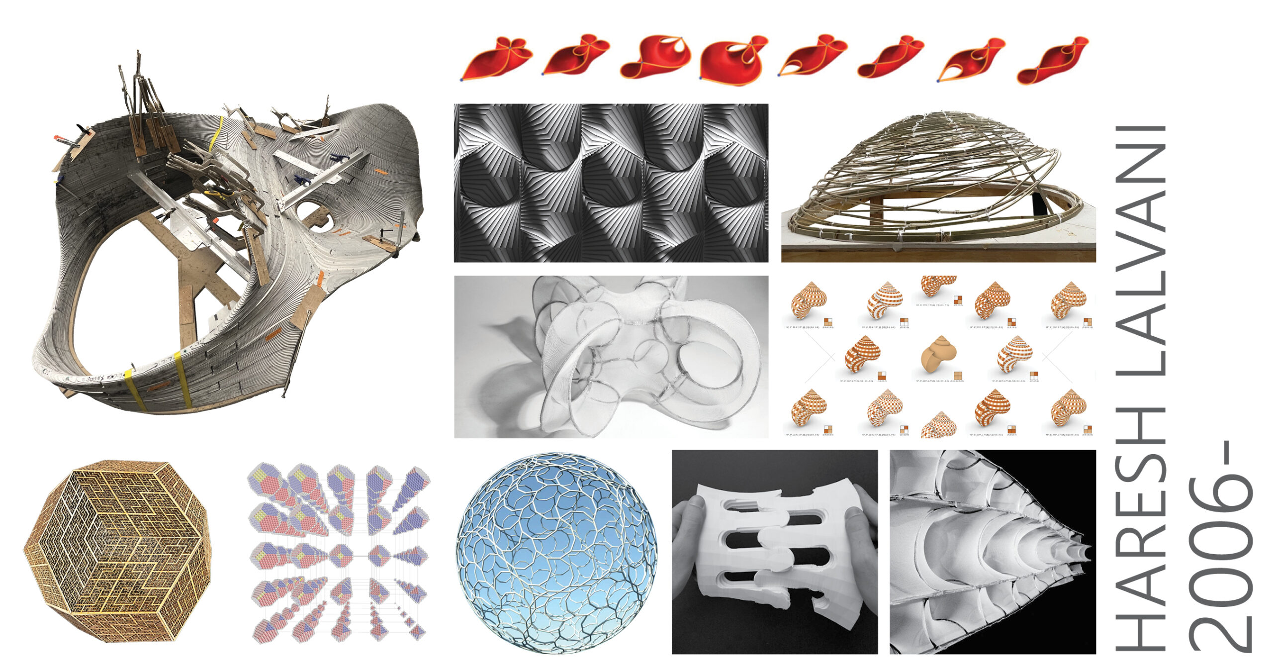 A digital collage showcasing various computational and sculptural architectural works by Haresh Lalvani from 2006 onward. The banner features an array of experimental structures, including a large curvilinear form with wood and metal elements, a 3D wireframe dome, patterned surfaces, morphing red sculptural forms, generative design iterations, and biomorphic lattice structures. The background is white, and the artist's name