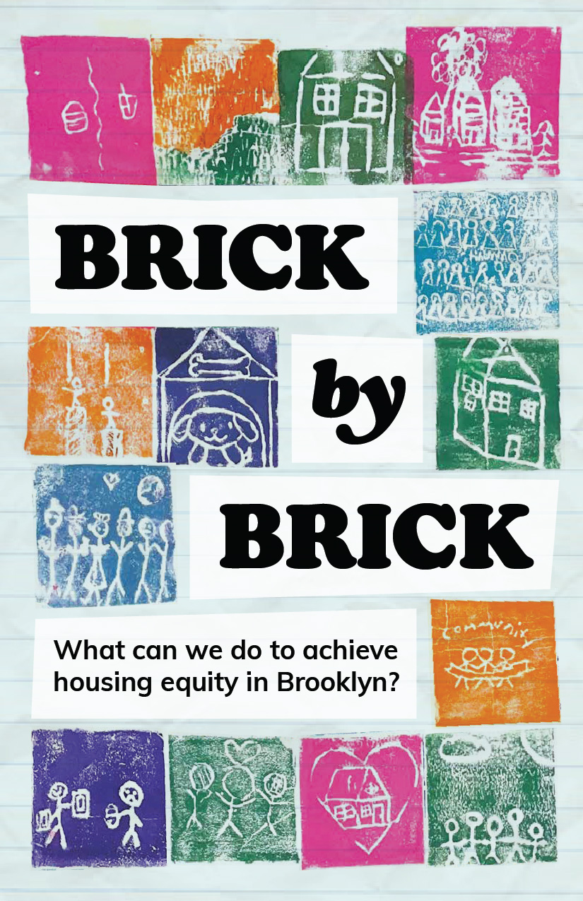 Colorful illustrated cover image featuring hand-drawn block prints of homes, people, and community symbols. Large bold text reads