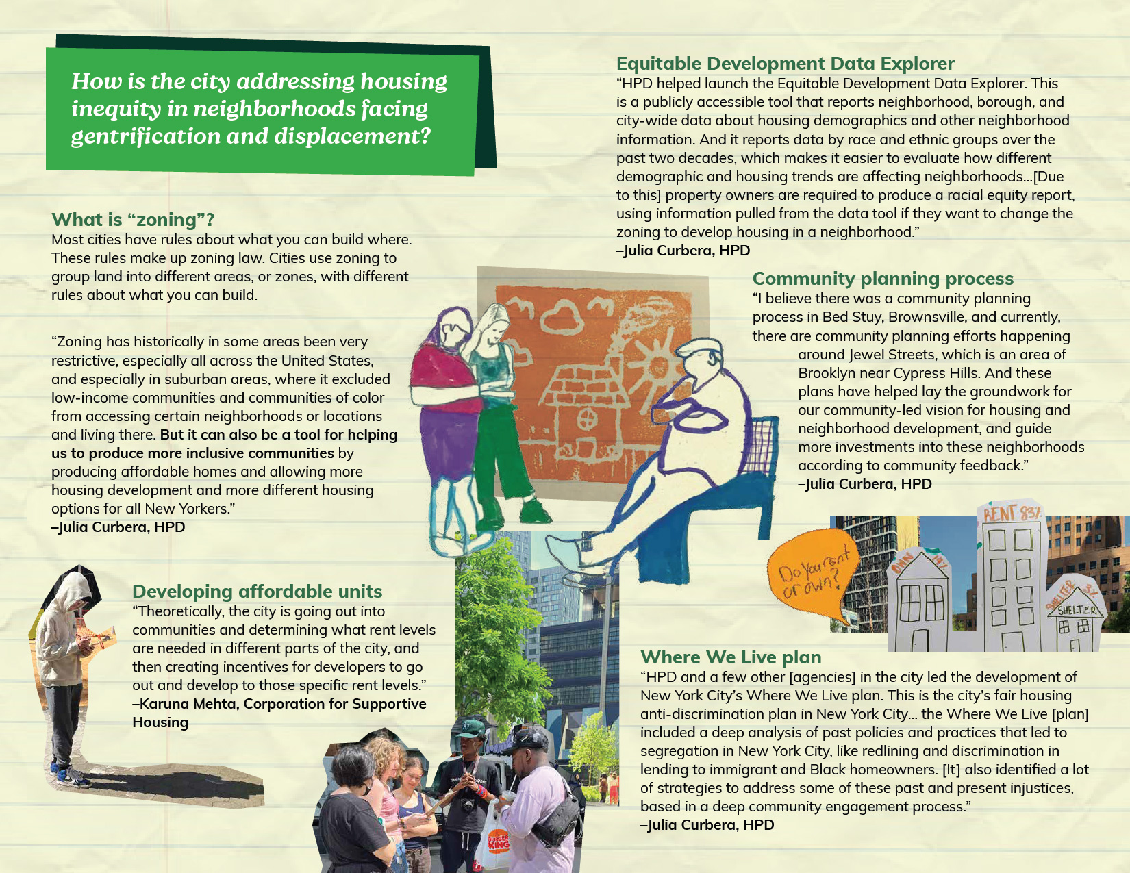 Page titled “How is the city addressing housing inequity...” discussing zoning laws, data tools, planning processes, and affordable unit development. Includes illustrated figures, quotes from Julia Curbera and Karuna Mehta, and student artwork showing community engagement.