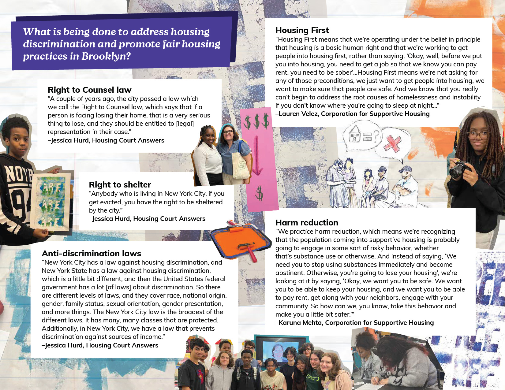 Spread focused on “What is being done to address housing discrimination and promote fair housing practices in Brooklyn?” Lists actions like the Right to Counsel law, Housing First, anti-discrimination laws, and harm reduction. Illustrated scenes and photos of students and advocates support the content.