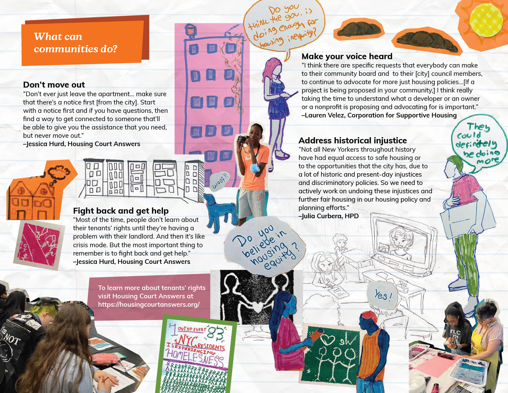 Page titled “What can communities do?” featuring advice like not moving out prematurely, making voices heard, fighting back, and addressing historical injustices. Quotes from housing professionals are paired with colorful student illustrations and photos of community engagement activities.
