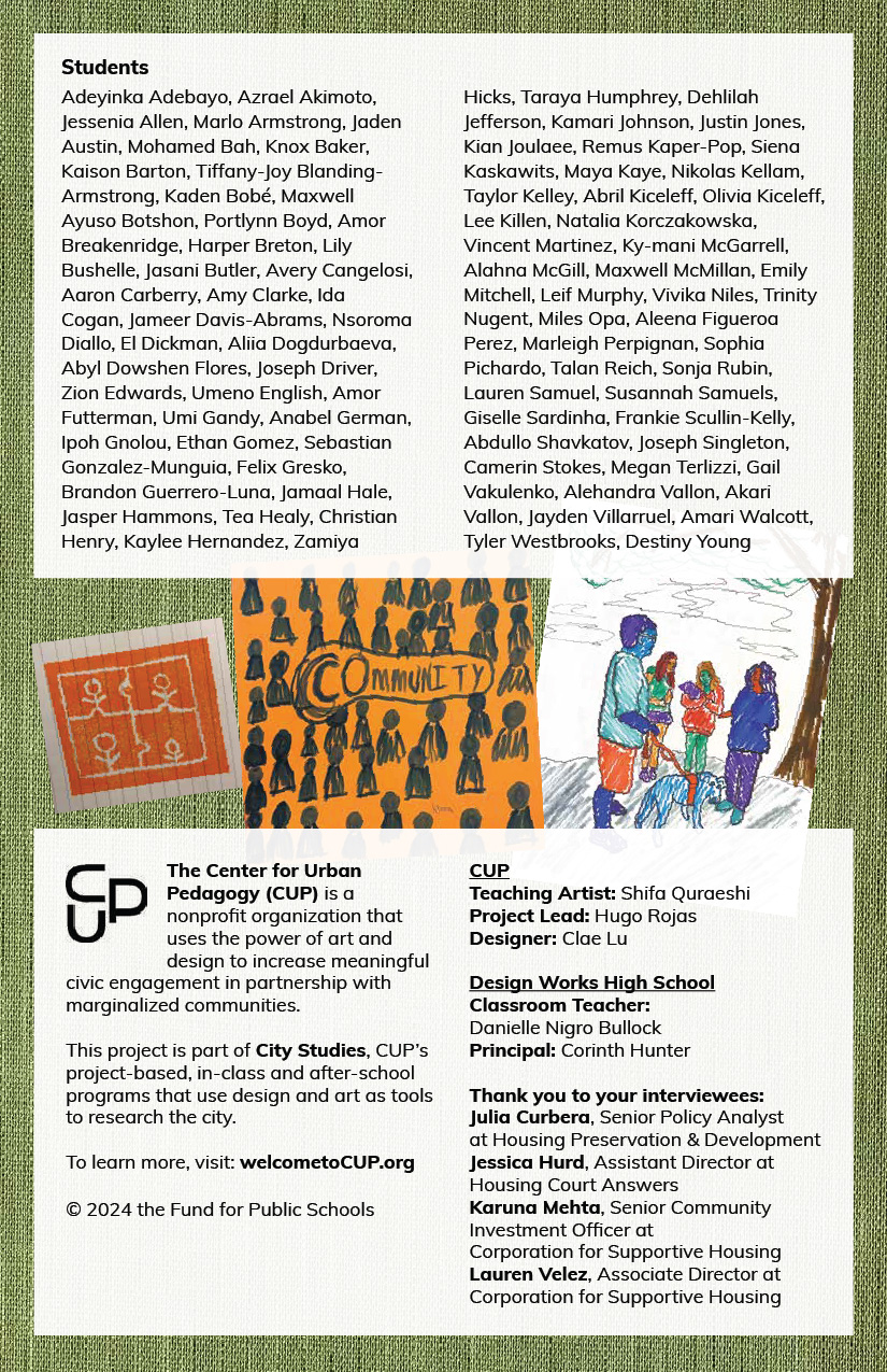 Closing credits page listing all student participants in multiple columns. Logos and credits for the Center for Urban Pedagogy (CUP), project leads, teachers, and interviewees appear below, with decorative community artwork anchoring the layout.
