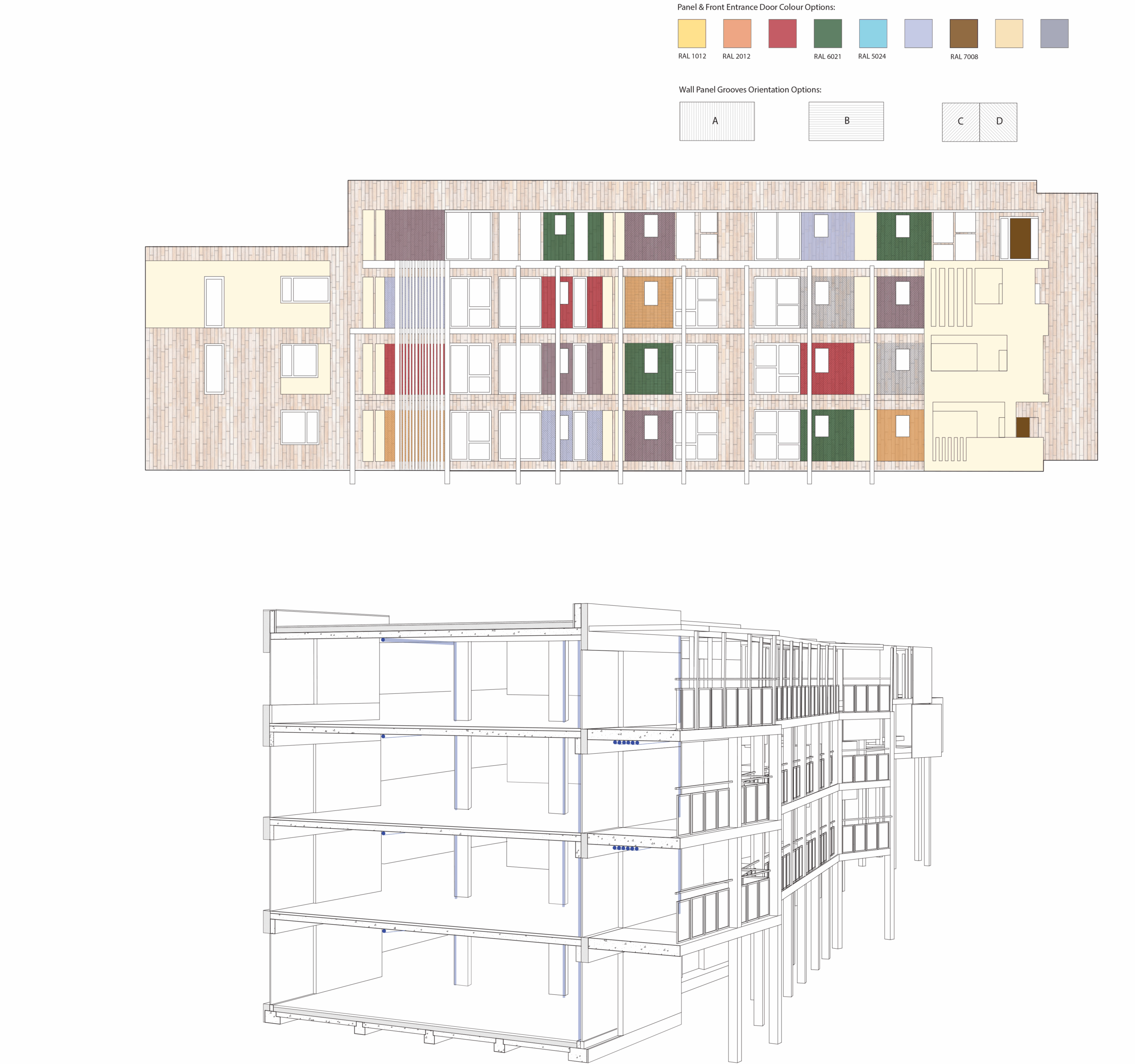 Diagram of a multi-unit housing elevation showcasing colored entrance doors and wall panel options. Below, a partially rendered section axonometric shows the building’s interior structure and floor divisions.
