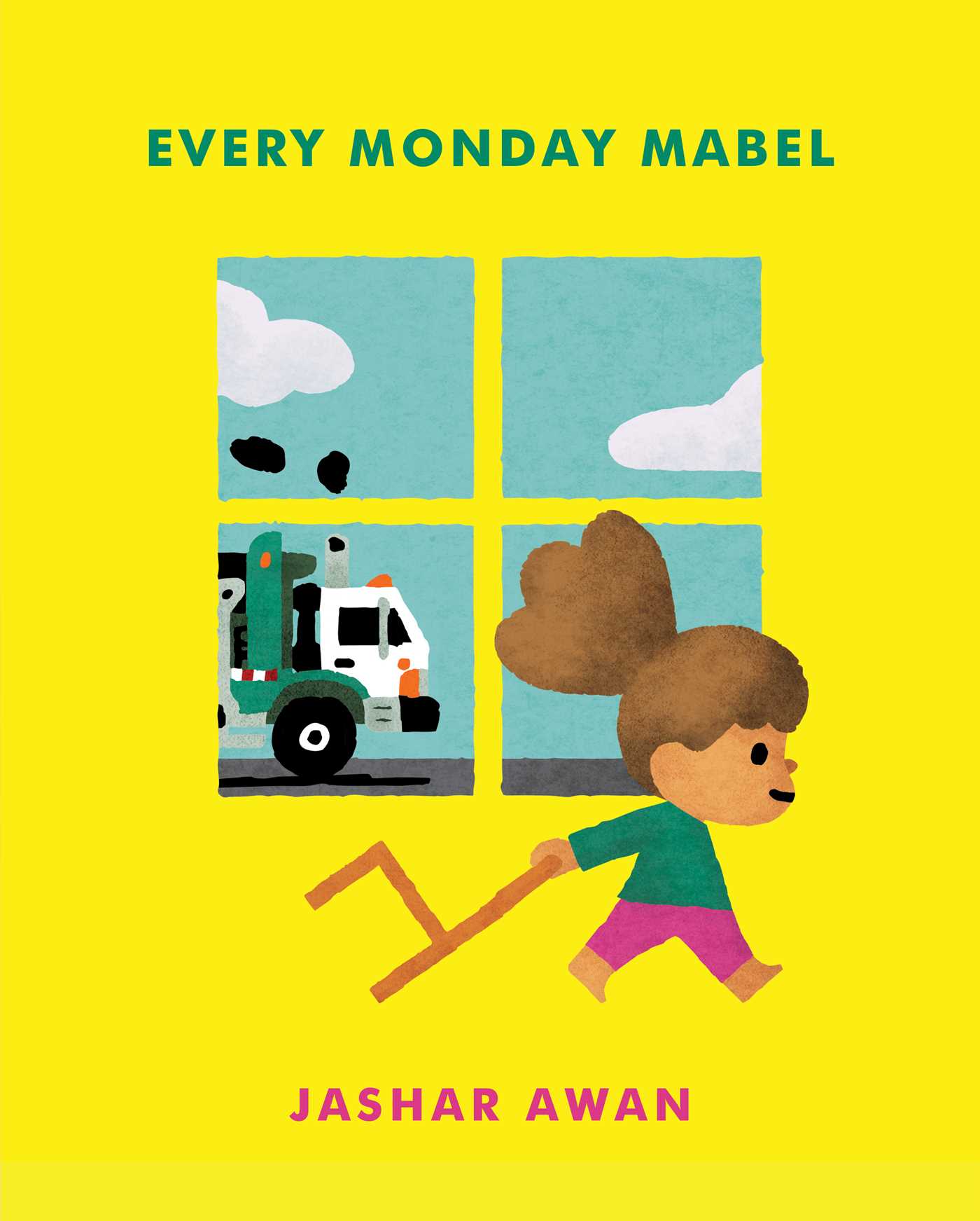 Bright yellow book cover featuring a smiling girl pulling a chair past a window, where a garbage truck drives by. Title and author’s name frame the illustration above and below.