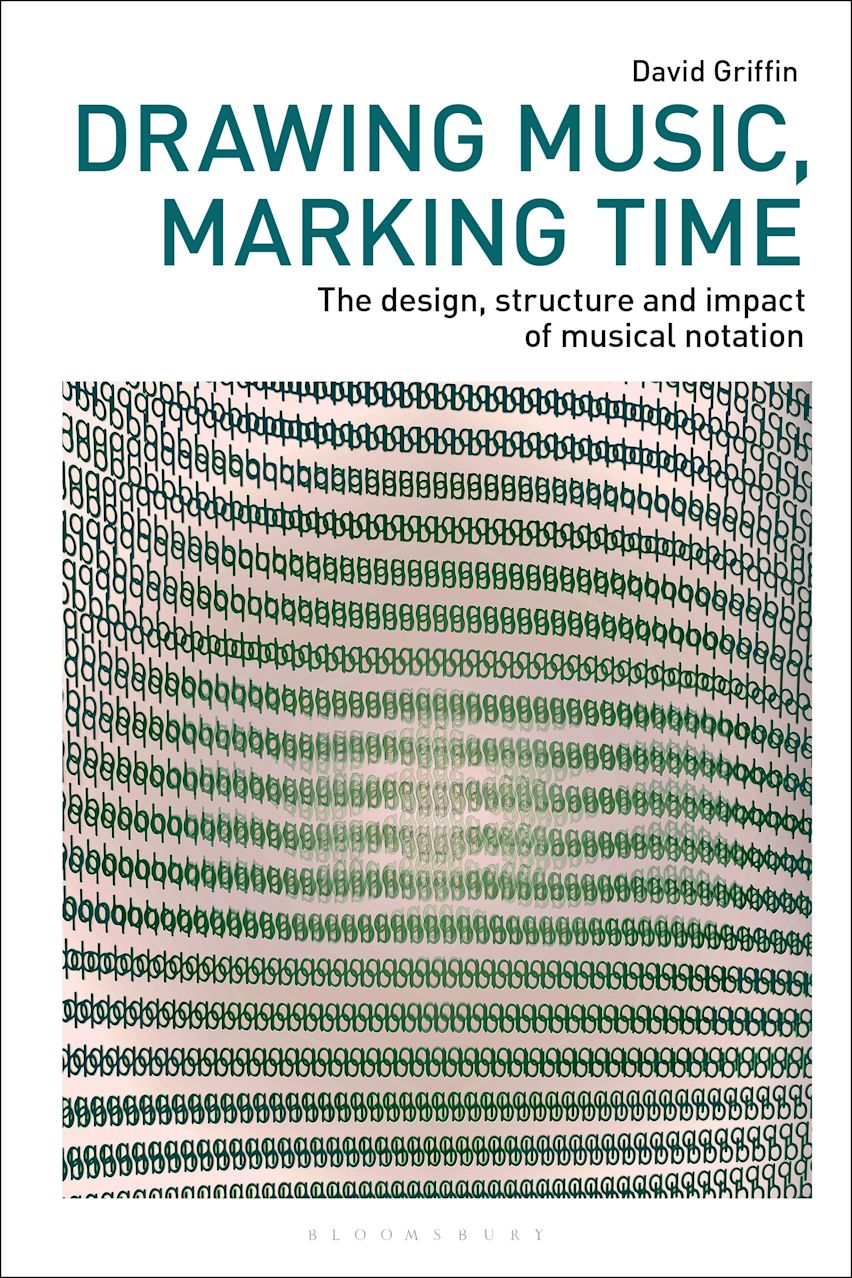 White book cover with title, subtitle reading “The design, structure and impact of musical notation”, and author’s name positioned above a decorative pink and green image