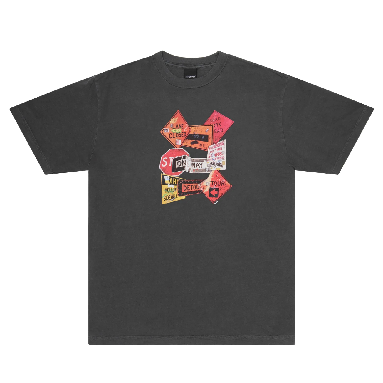 Slightly faded gray t-shirt printed with composite of signs tagged with graffiti