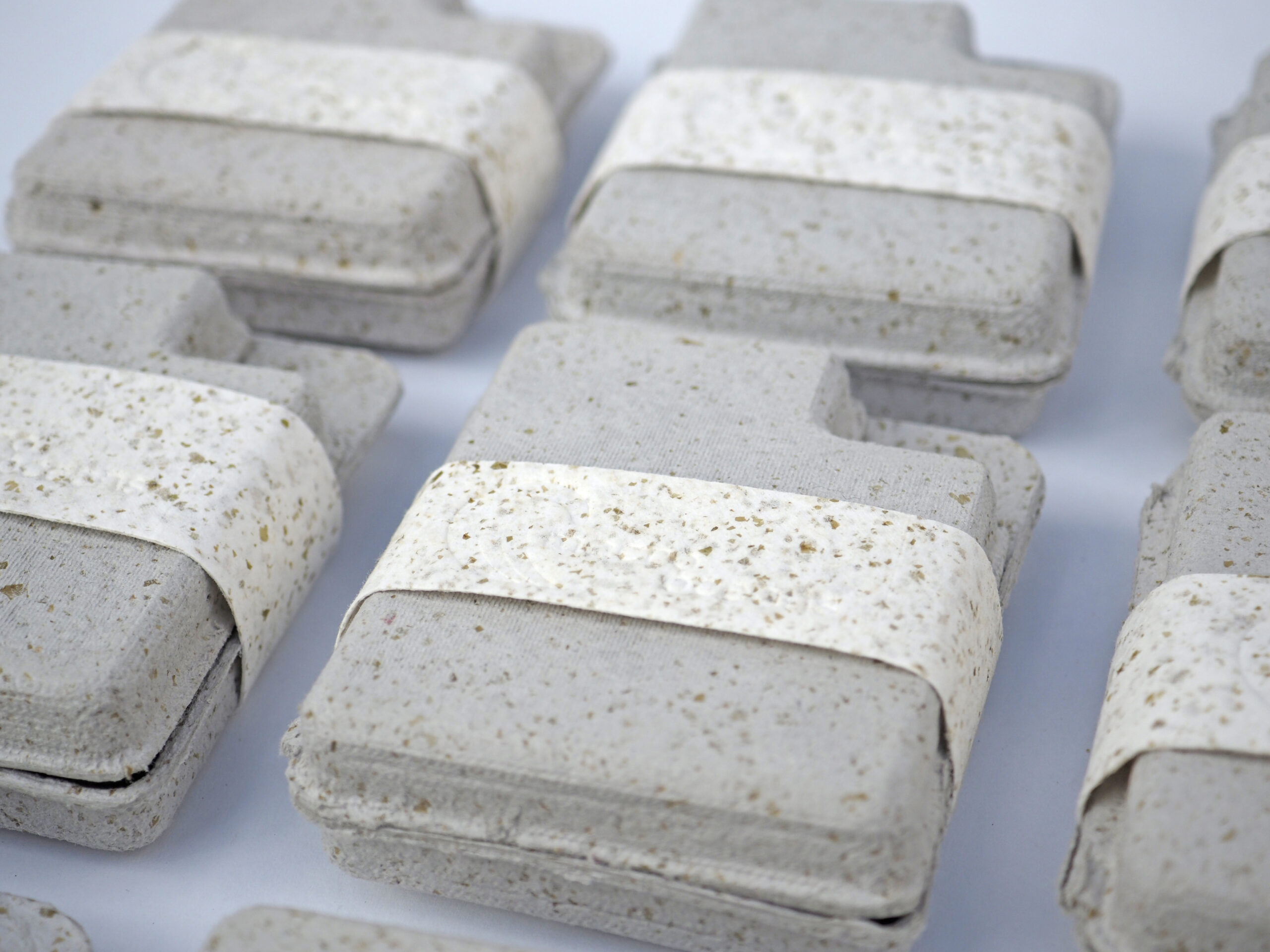 Two rows of gray paper clamshell boxes, each secured with white paper strips with green-brown speckles