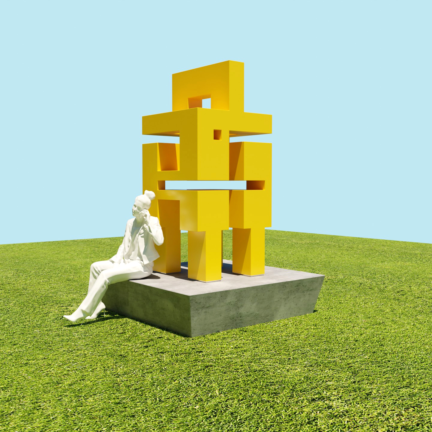 Rendering of a yellow rectangular sculpture at the center of a bench with a seated figure