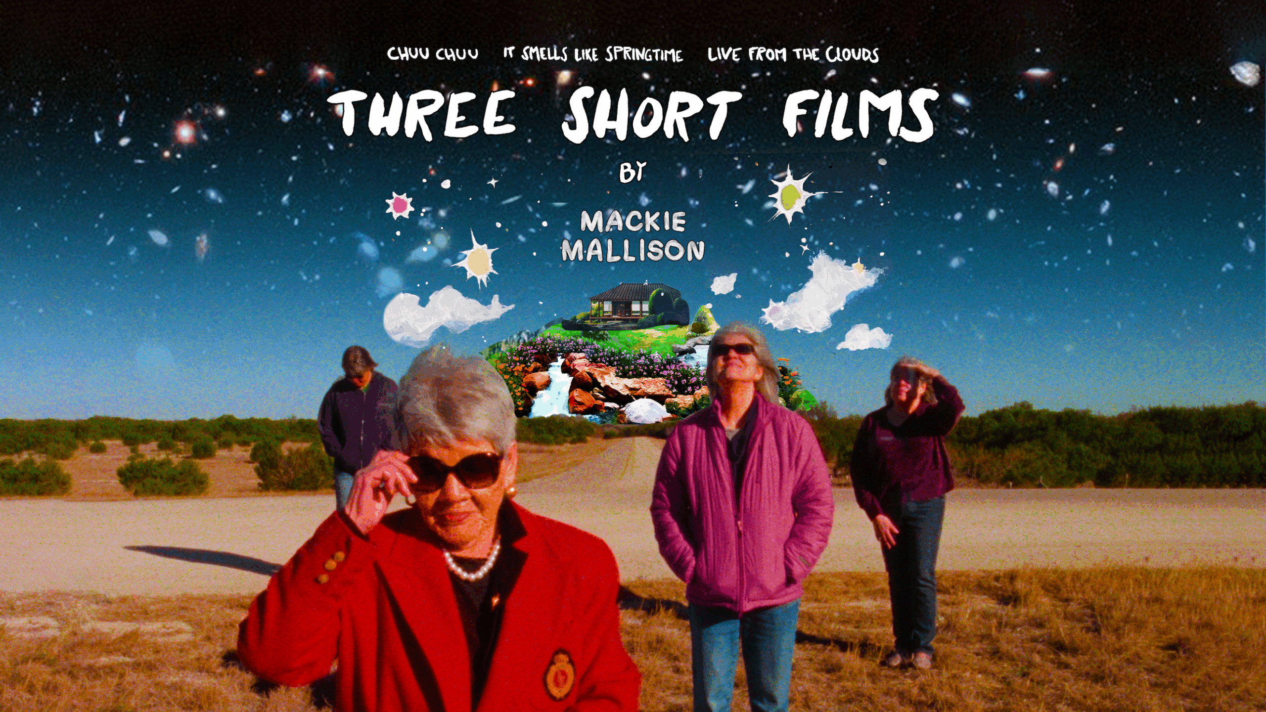 Promotional image for the films overlaid on a bright, vibrant collage of Mallison’s family members, blended with an image of stars and a scenic illustration of a house superimposed on the horizon line