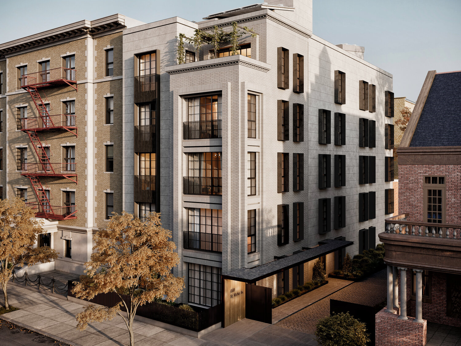 Architectural rendering of a modern six-story residential building with a gray brick facade and black window shutters, located between two traditional buildings in Brooklyn. The structure features balconies with black metal railings, large grid windows, and a rooftop terrace with greenery. Autumn trees line the sidewalk in front of the building, suggesting a late-season atmosphere.