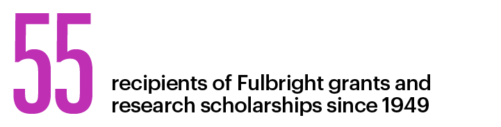 55 recipients of Fulbright grants and research scholarships since 1949