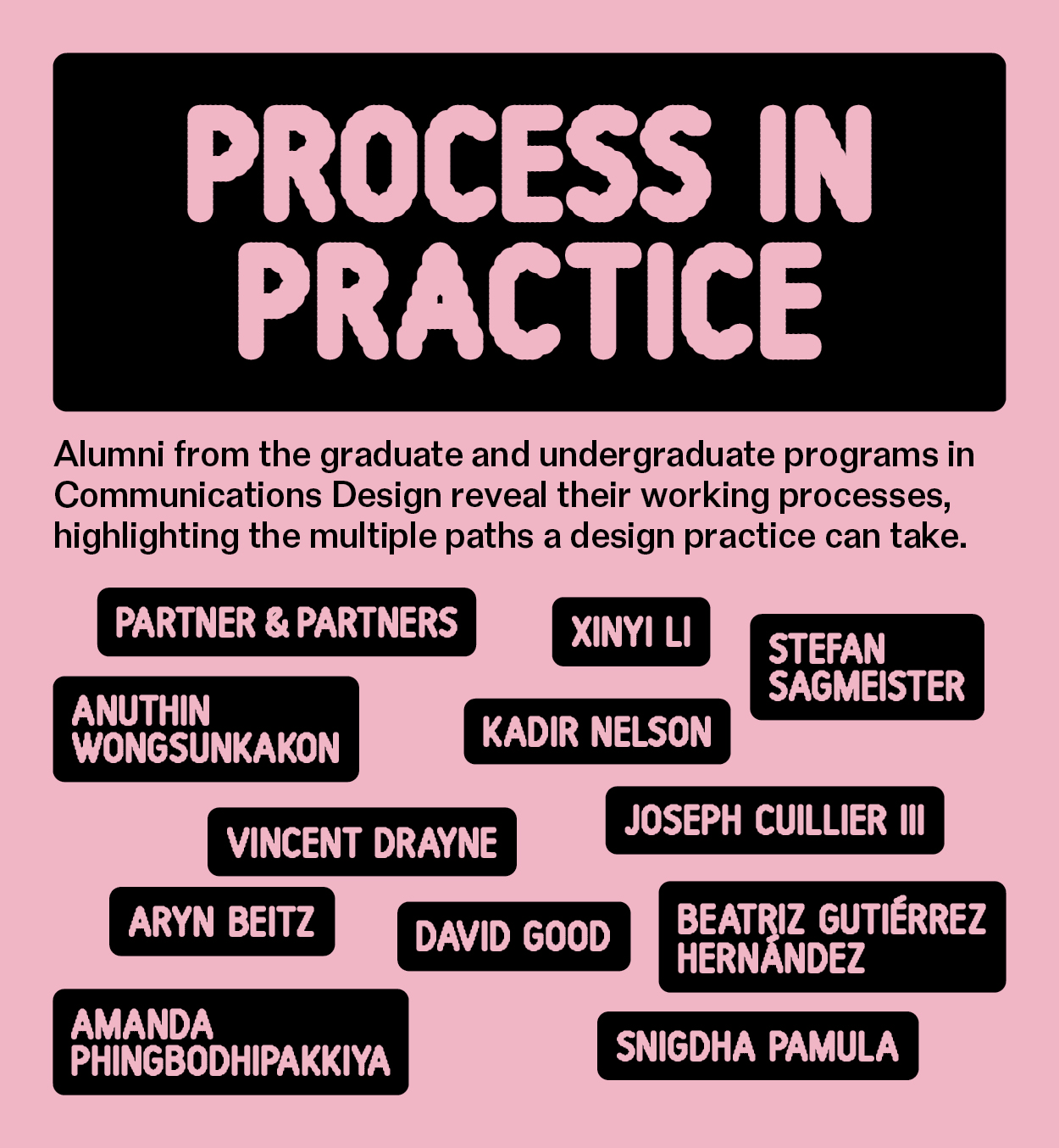Promotional graphic with a pink background and black text. The title reads "PROCESS IN PRACTICE" in large, bold, rounded letters inside a black rectangle. Below it, smaller text reads: "Alumni from the graduate and undergraduate programs in Communications Design reveal their working processes, highlighting the multiple paths a design practice can take." Beneath the text are names of designers, each inside rounded black rectangles with white text. Names include: PARTNER & PARTNERS, XINYI LI, STEFAN SAGMEISTER, ANUTHIN WONGSUNAKAKON, KADIR NELSON, JOSEPH CUILLIER III, VINCENT DRAYNE, BEATRIZ GUTIÉRREZ HERNÁNDEZ, ARYN BEITZ, DAVID GOOD, AMANDA PHINGBODHIPAKKIYA, and SNIGDHA PAMULA.