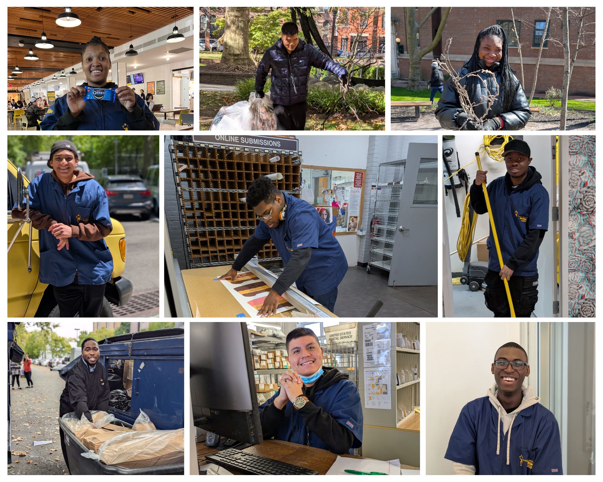 A collage of candid photos showing Project SEARCH interns at work in various roles across Pratt Institute’s campus. Images include students cleaning outdoor spaces, organizing mail, using office equipment, working in maintenance, posing cheerfully in a dining hall, and assisting in administrative tasks. Each individual is dressed in a work uniform and appears engaged and proud of their contributions.