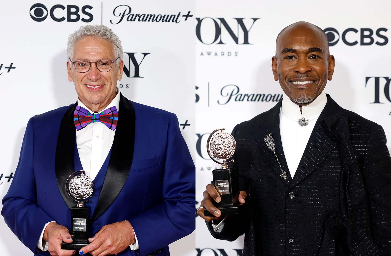 Two smiling individuals dressed in formal attire pose on a red carpet holding Tony Awards. The man on the left wears a blue tuxedo with a colorful bow tie, while the man on the right wears a black suit with decorative details and a white high-collared shirt. The background includes logos for CBS, Paramount+, and the Tony Awards.